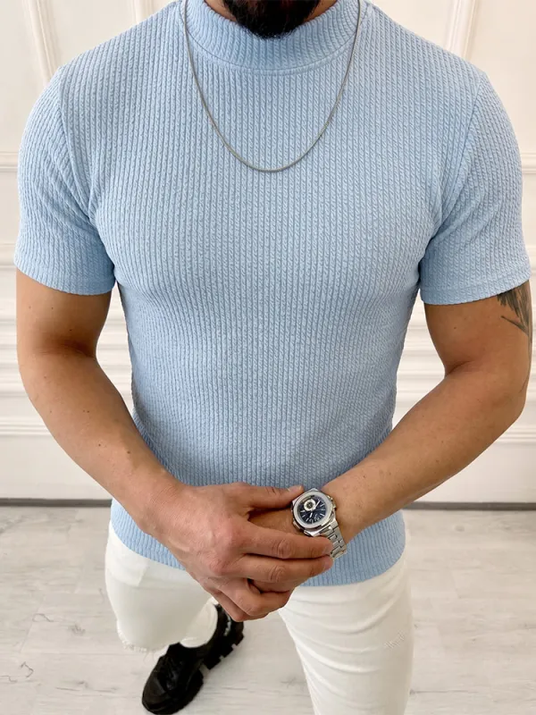 Mock Neck Vertical Cable Knit Short Sleeve T-Shirt made by Coofandy