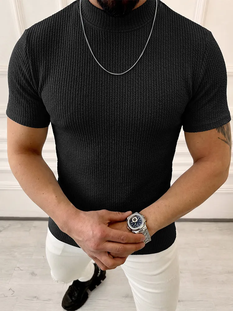 Mock Neck Vertical Cable Knit Short Sleeve T-Shirt sold by Coofandy product image thumbnail 2