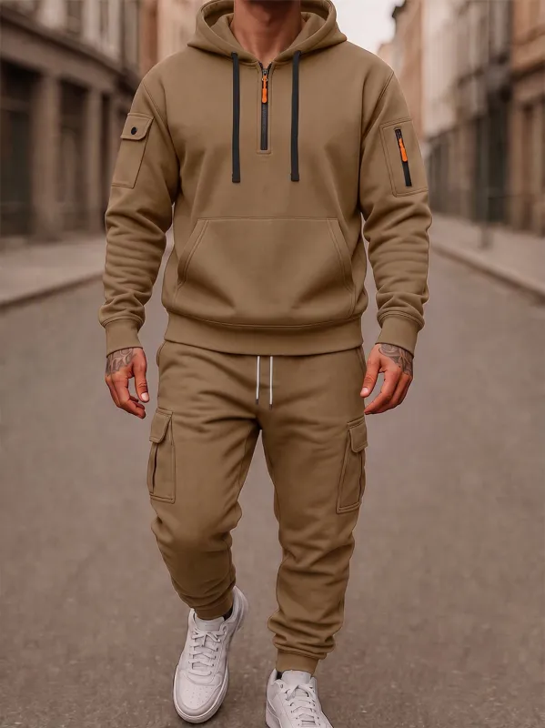 Fleece-Lined Cargo Hooded Tracksuit Set made by Coofandy