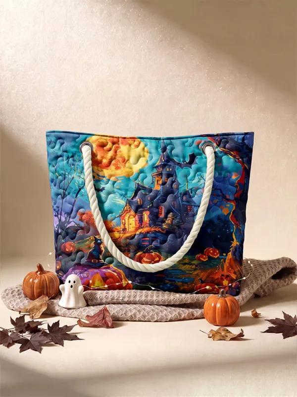 Haunted House Halloween Quilted Tote Bag made by Coofandy