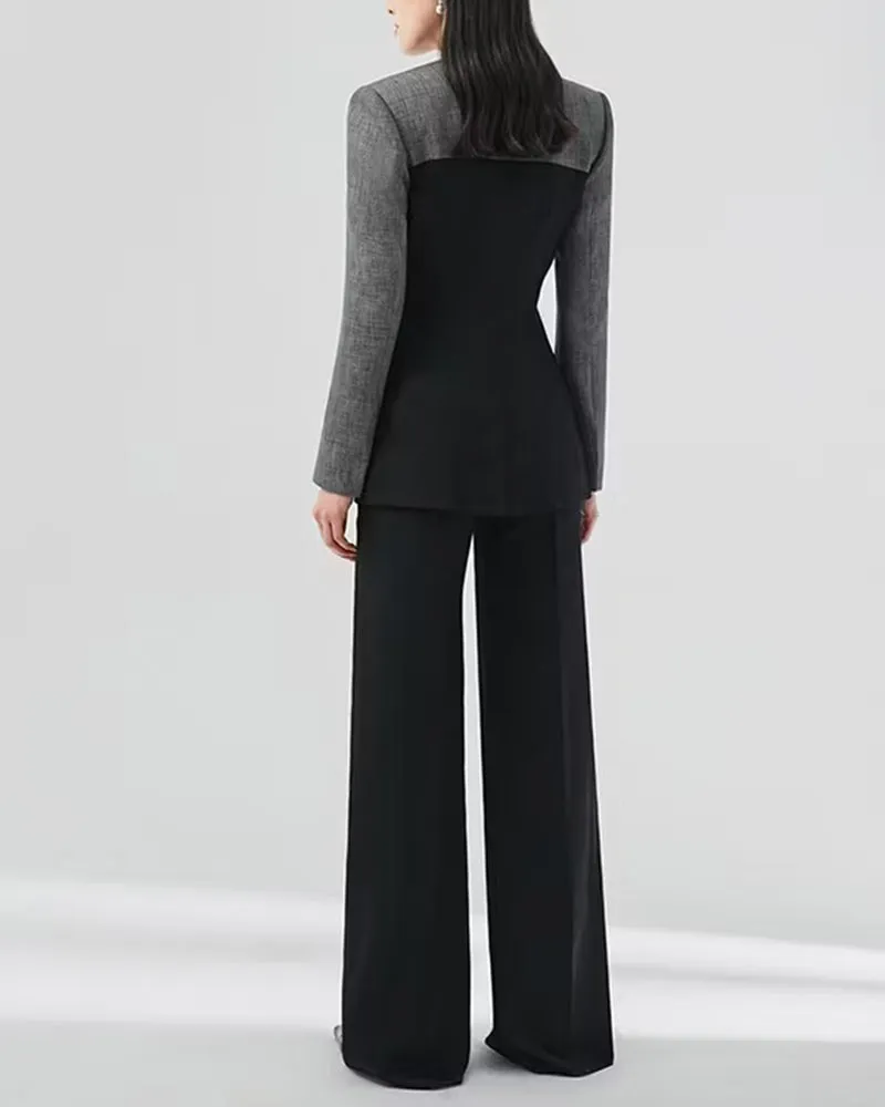 Color Block Tailored Blazer And Wide Leg Pants Set sold by Coofandy product image thumbnail 5