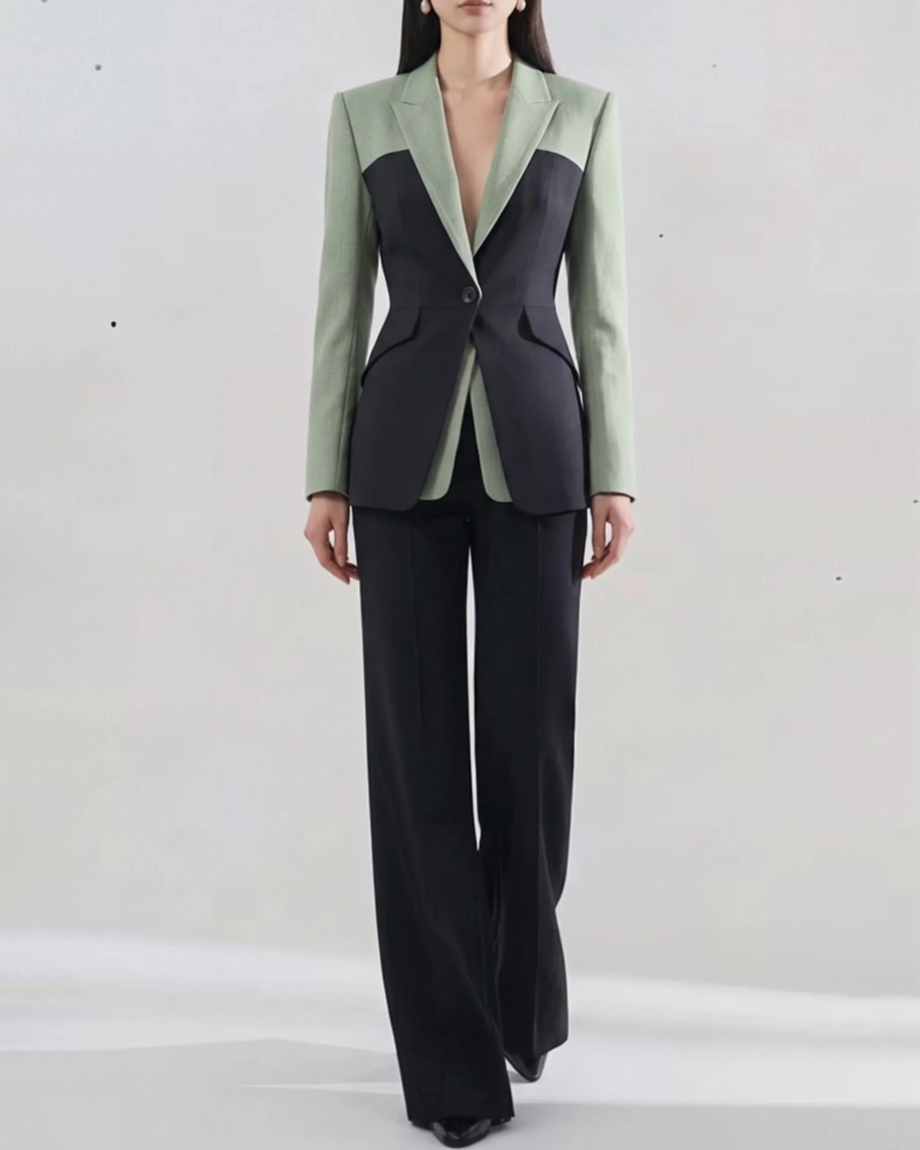 Color Block Tailored Blazer And Wide Leg Pants Set sold by Coofandy product image thumbnail 2