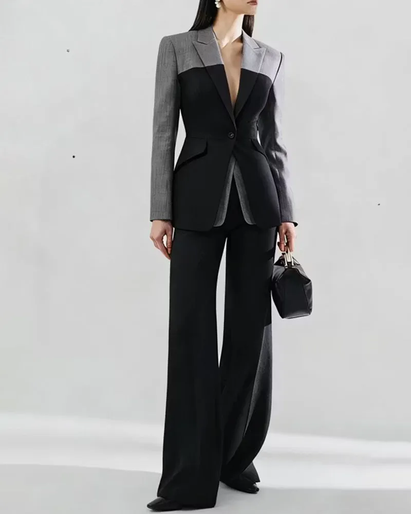 Color Block Tailored Blazer And Wide Leg Pants Set sold by Coofandy product image thumbnail 3