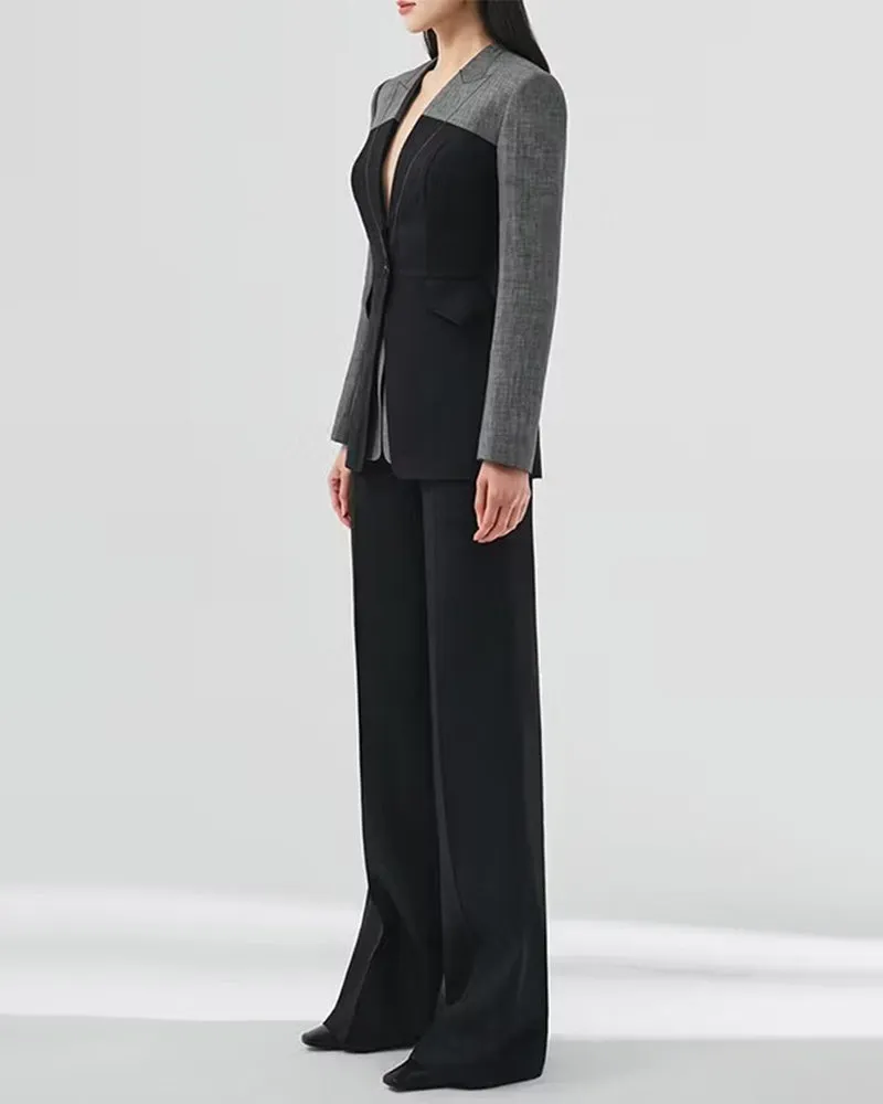 Color Block Tailored Blazer And Wide Leg Pants Set sold by Coofandy product image thumbnail 4