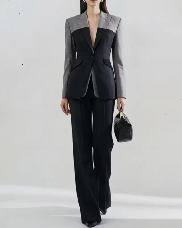Color Block Tailored Blazer And Wide Leg Pants Set made by Coofandy