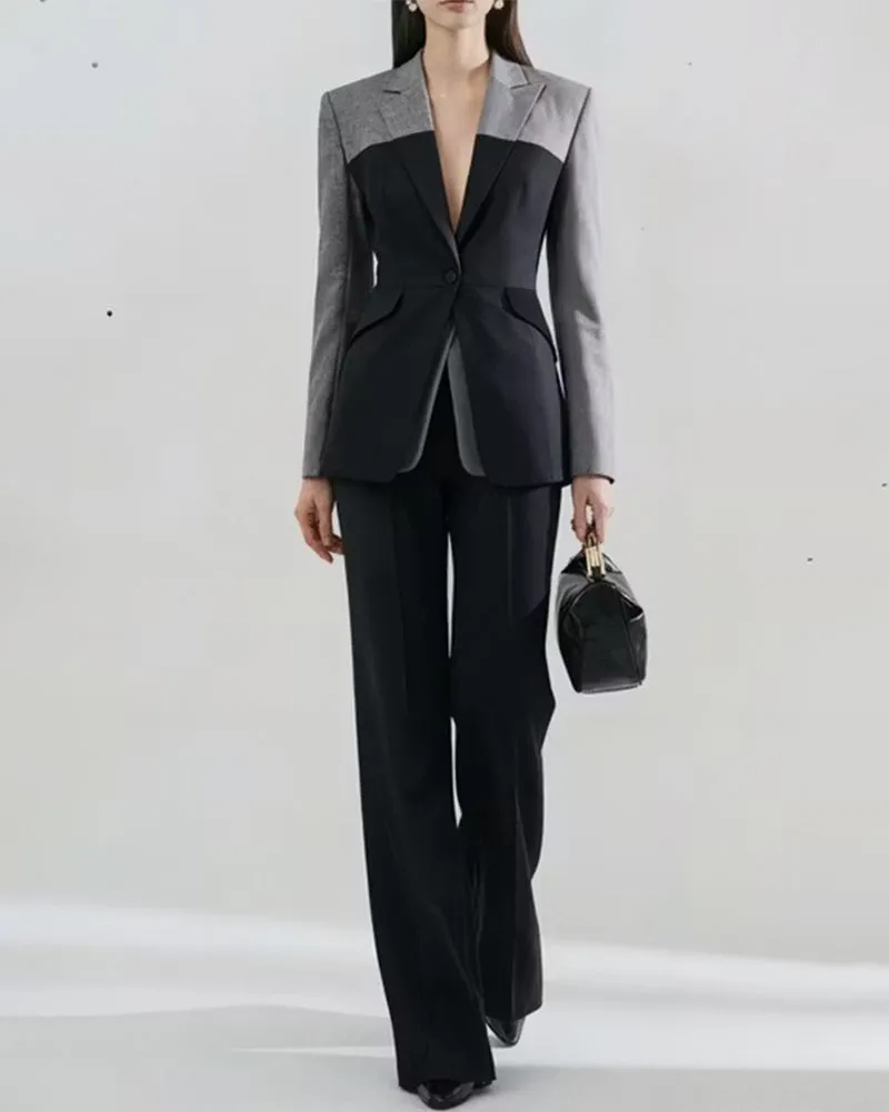 Color Block Tailored Blazer And Wide Leg Pants Set sold by Coofandy
