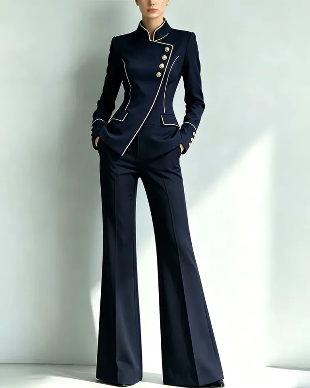 Piped Stand Collar Asymmetric Blazer Pants Set made by Coofandy