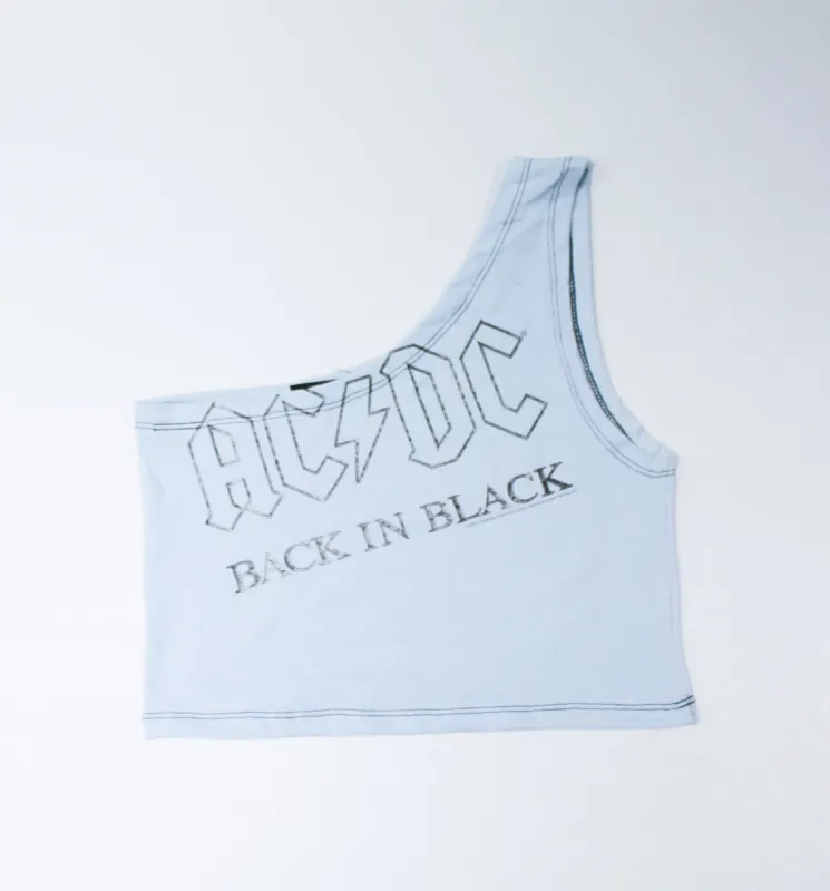 Haus Of Mojo Vintage Reworked AC/DC Back In Black One Shoulder Cropped Top sold by HG Vintage