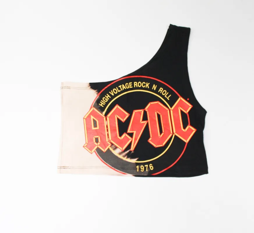 Haus Of Mojo Vintage Reworked AC/DC High Voltage One Shoulder Cropped Top sold by HG Vintage