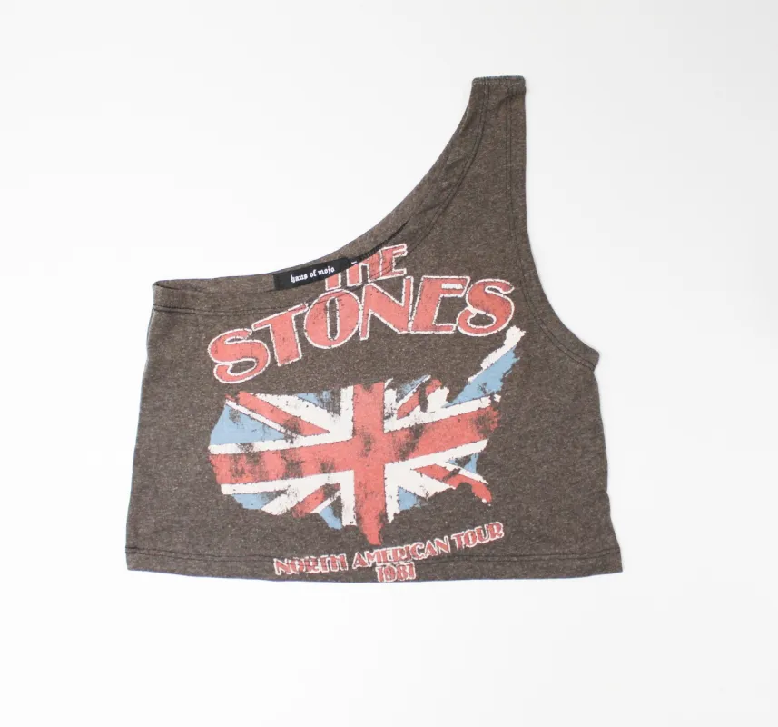 Haus Of Mojo Vintage Reworked Rolling Stones 1981 North American Tour One Shoulder Cropped Top sold by HG Vintage
