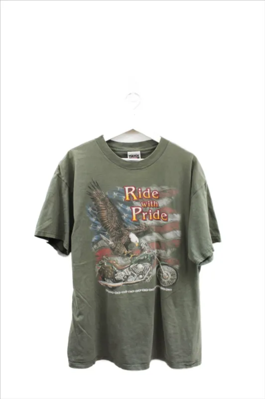 X - Vintage Ride With Pride American Flag Eagle & Motorcycle Tee sold by HG Vintage