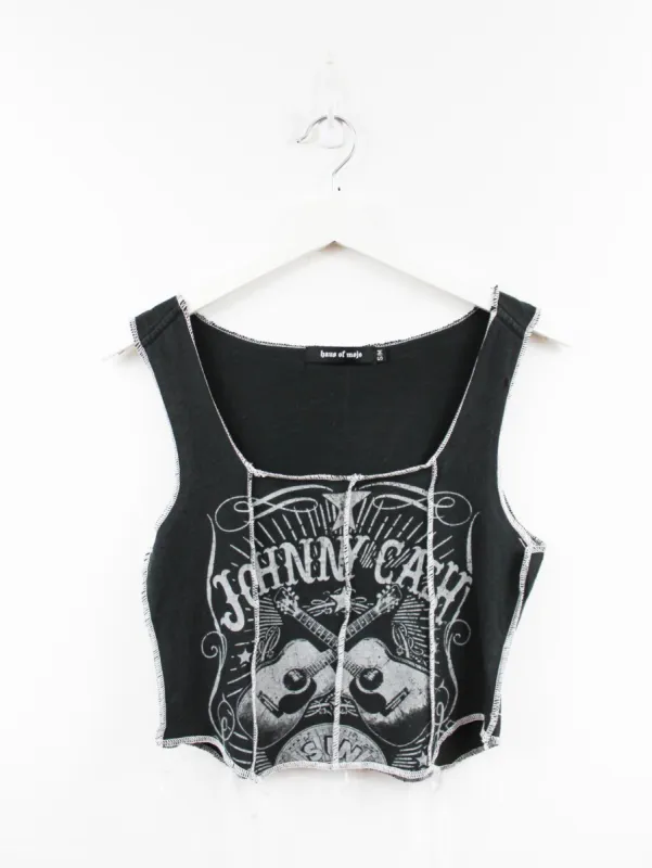 Haus Of Mojo Reworked Vintage Johnny Cash Guitar Logo Double Stitch Crop Top sold by HG Vintage