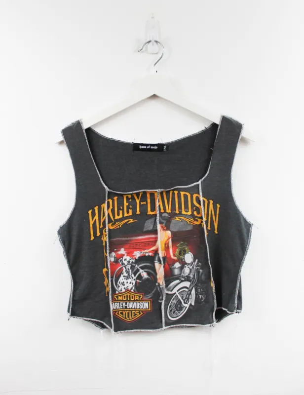 Haus Of Mojo Reworked Vintage Harley Davidson Greensburg Lady And Dog Design Double Stitch Crop Top sold by HG Vintage