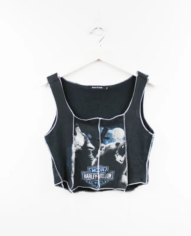 Haus Of Mojo Reworked Vintage Harley Davidson Wolf And Bear Design Double Stitch Crop Top sold by HG Vintage