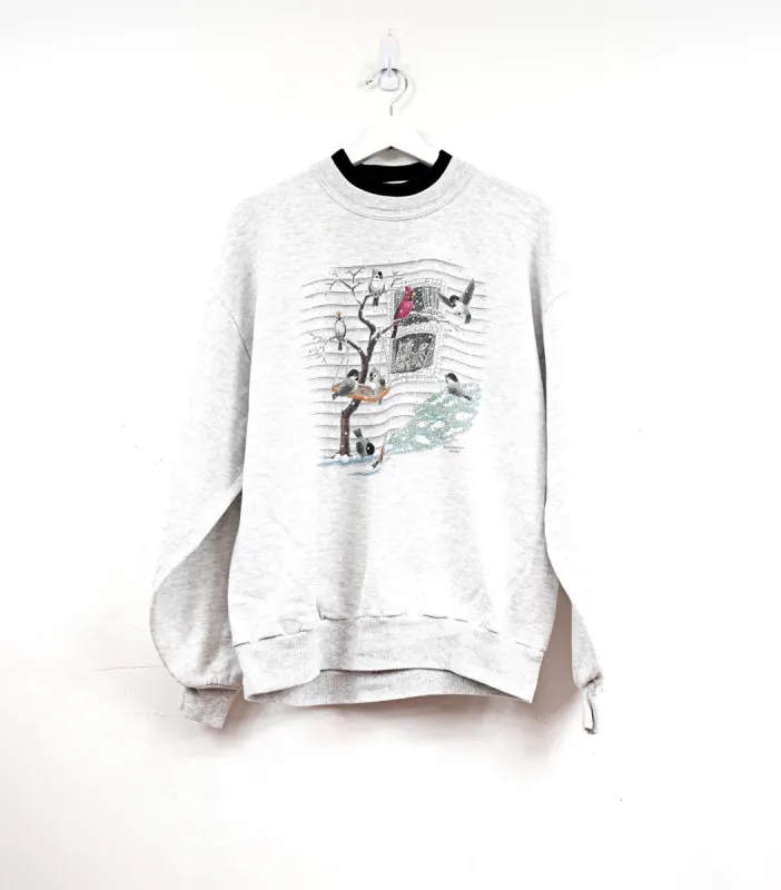Cat Watching Winter Birds Double Collar Made in USA Vintage Crewneck sold by HG Vintage