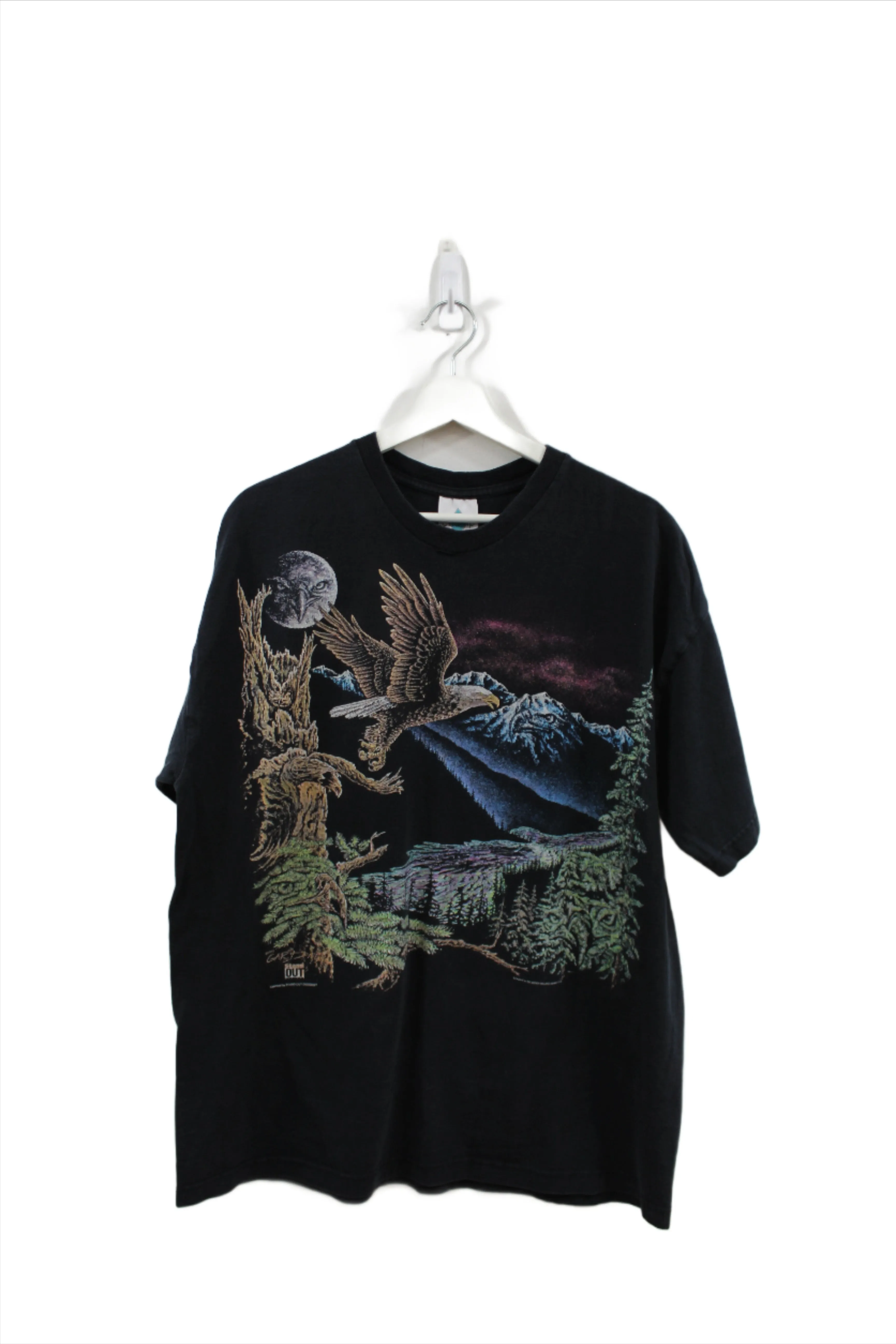 X - Vintage 1993 Eagle Flying Over Moon & Forest & Hidden Eagles Tee sold by HG Vintage