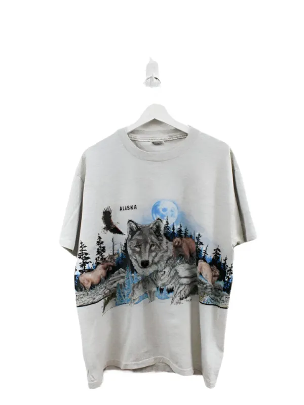 Z- Vintage 1991 Alaska Wildlife & Moon Single Stitch Red Anvil Tag Tee sold by HG Vintage