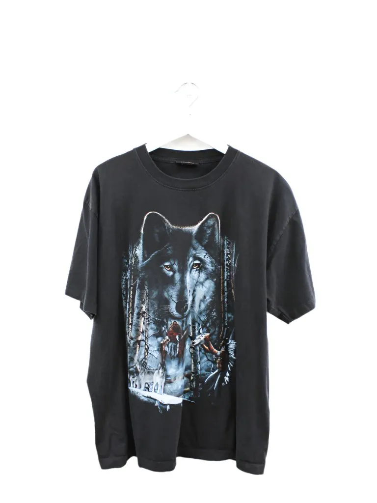 Z- Vintage Wolf & First Nation Warrior In Winter Forest Single Stitch Tee sold by HG Vintage
