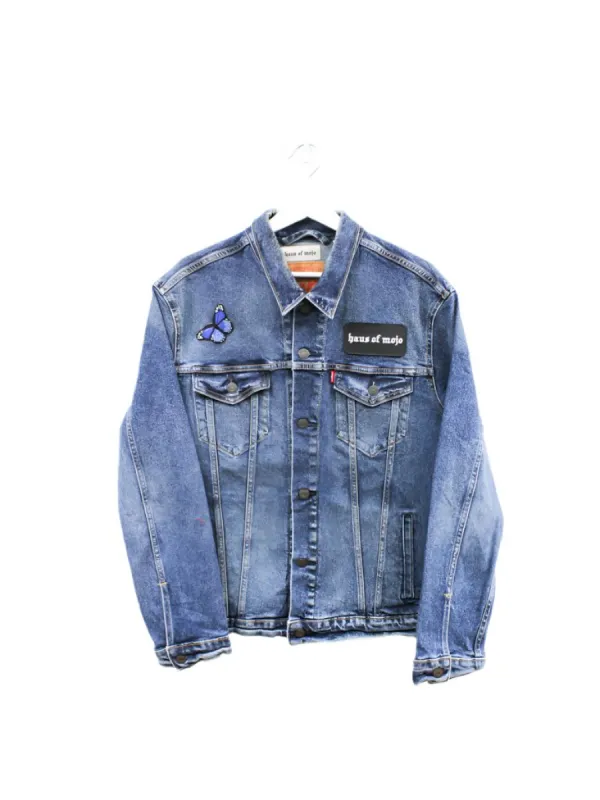 即完 TRUCKER JACKET DENIM LEOPARD デニムジャケット Lala Forever Patched Trucker Jacket in Leopard | Parallel
