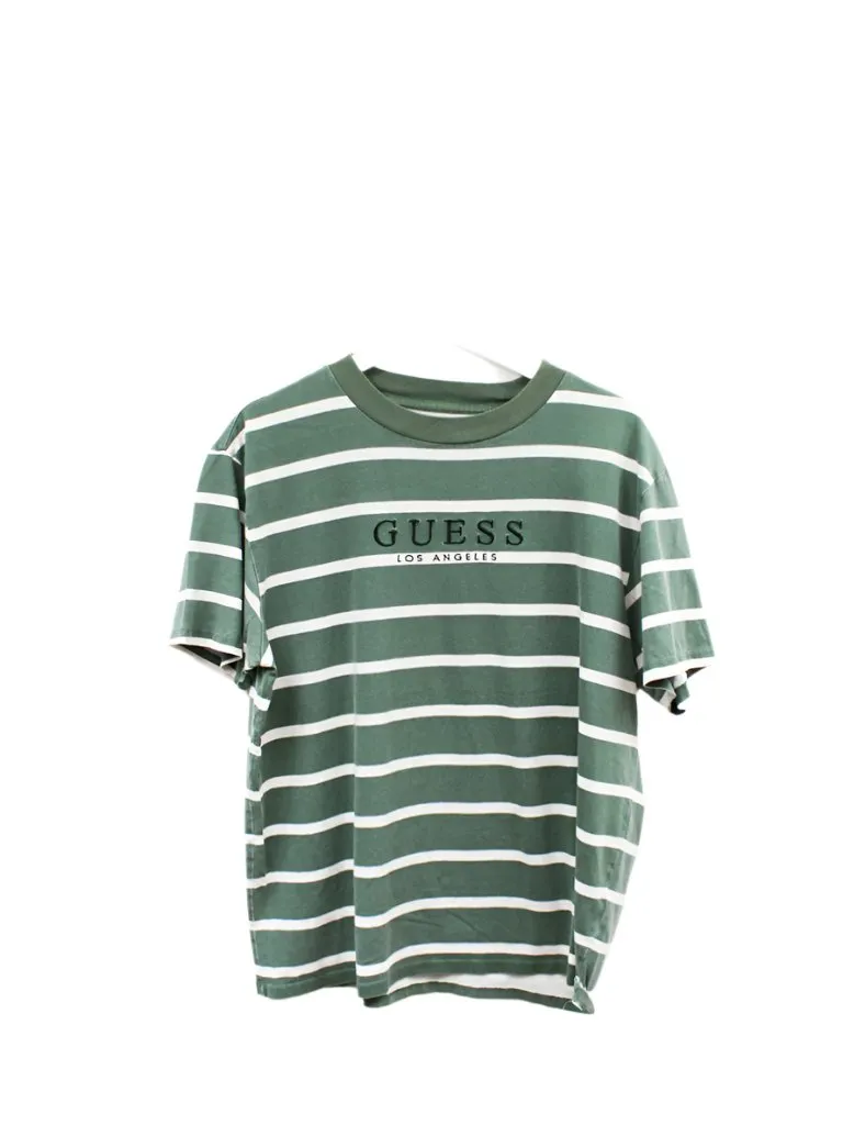Z - Vintage Guess Los Angeles Emb Text Tee Green/Beige Stripes sold by HG Vintage