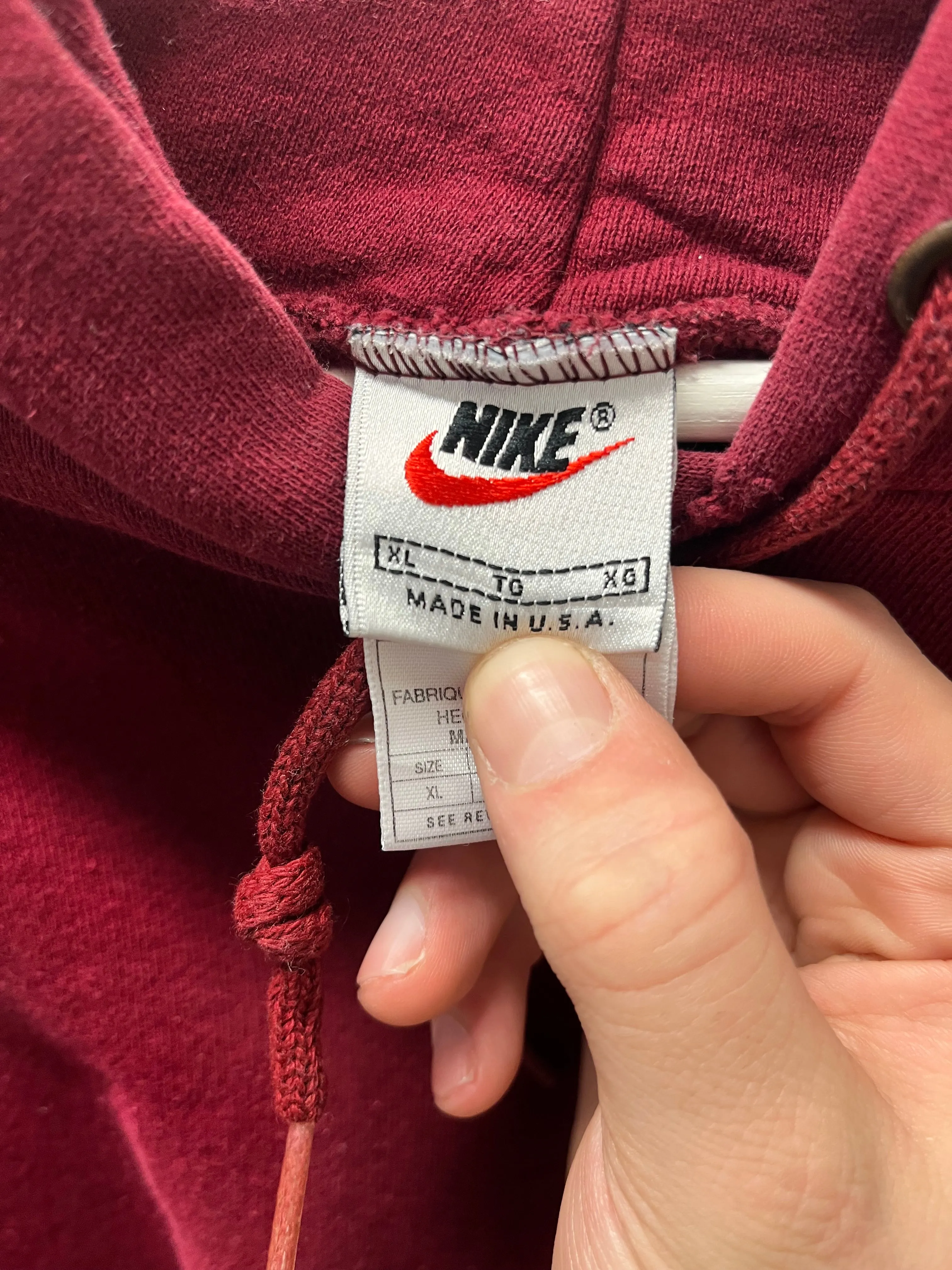 Z- Vintage 90s Nike Made In USA Mini Swoosh Embroidered Maroon Hoodie sold by HG Vintage product image thumbnail 3