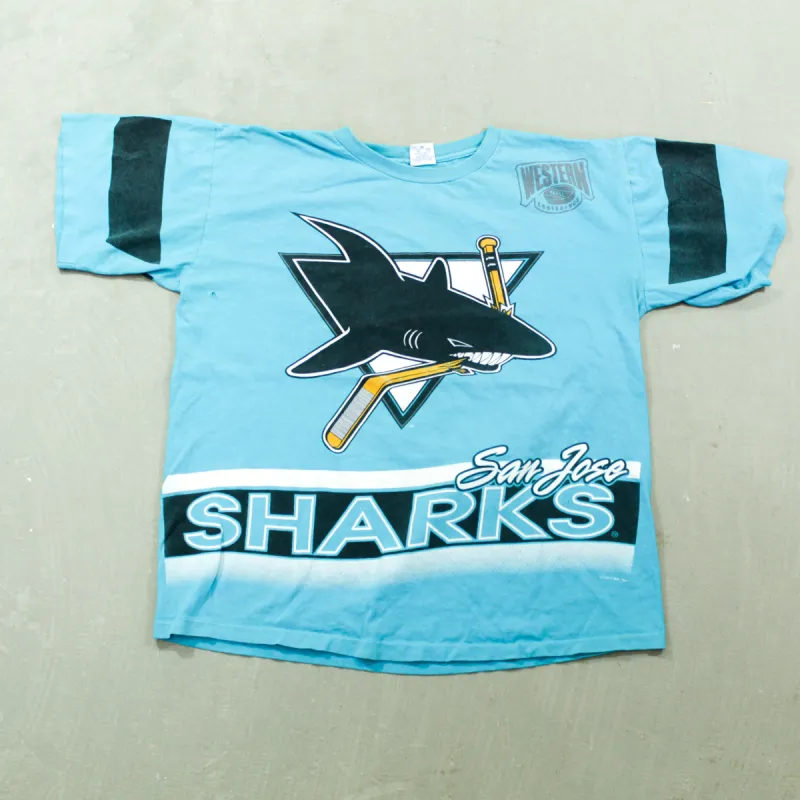 D- Vintage 1991 San Jose Sharks NHL Salem Jumbo Print Single Stitch Tee made by NHL