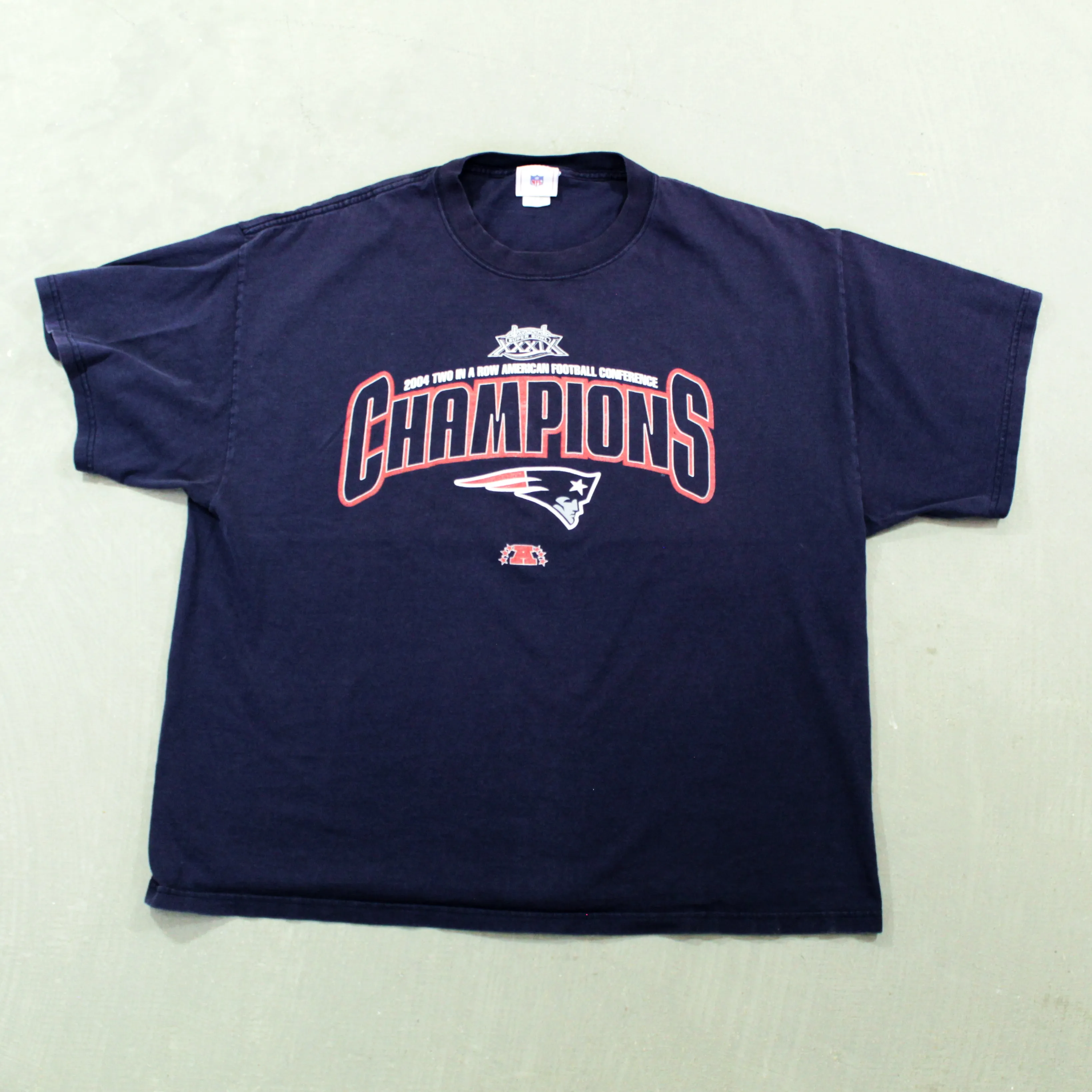 D- Vintage 2004 New England Patriots NFL 2 AFC In A Row Tee sold by HG Vintage