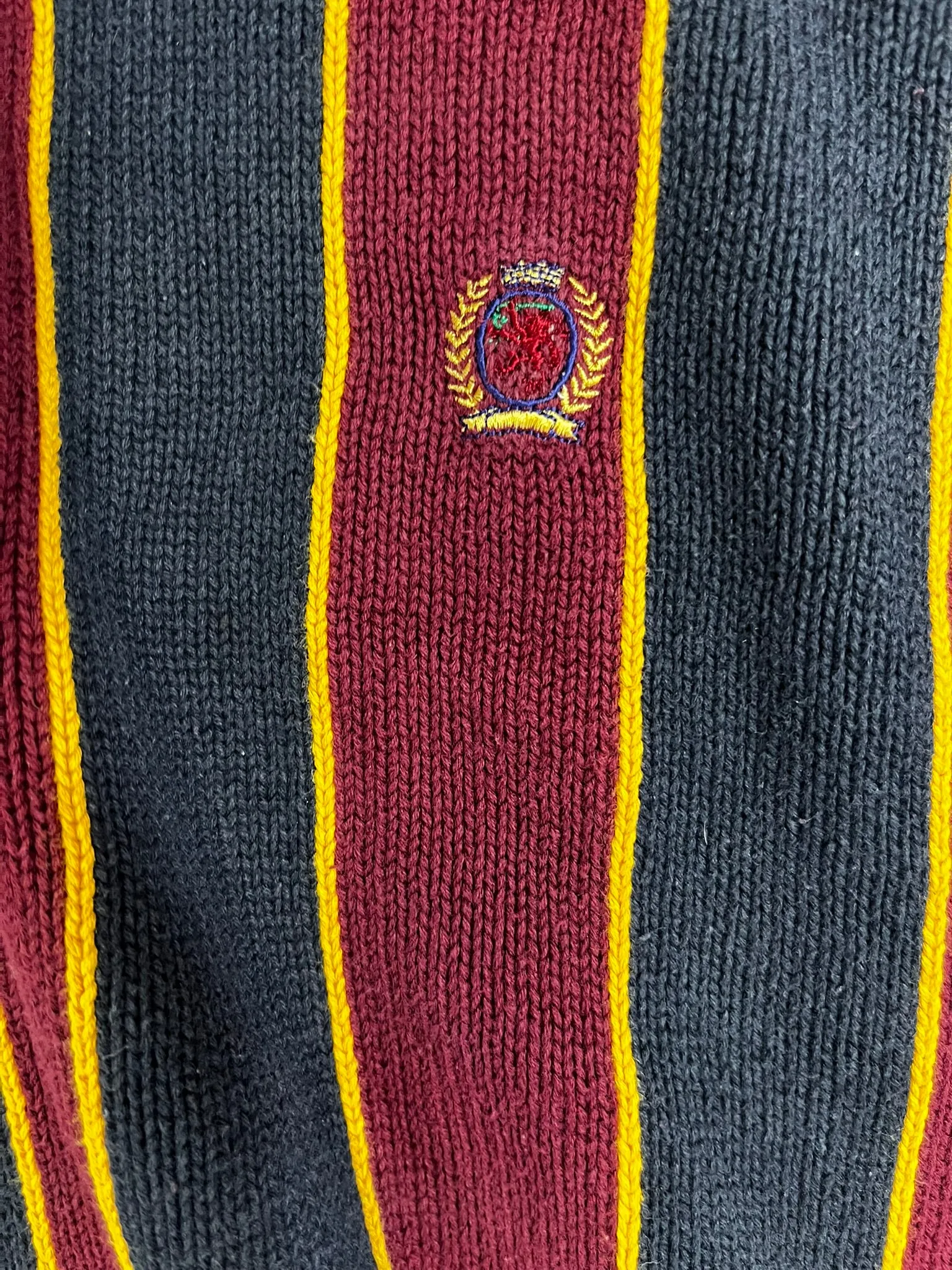 D- Vintage Tommy Hilfiger Embroidered Crest Striped Pattern Knit Sweater sold by HG Vintage product image thumbnail 2