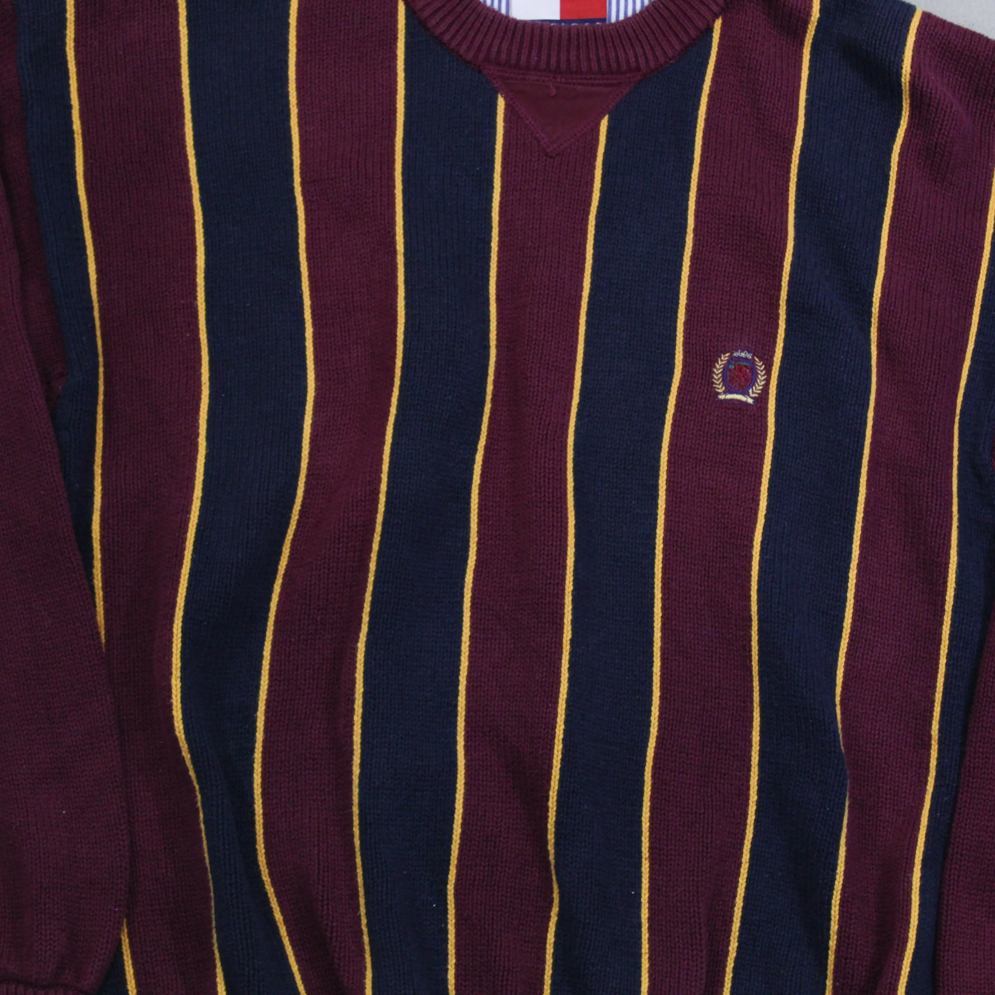 D- Vintage Tommy Hilfiger Embroidered Crest Striped Pattern Knit Sweater sold by HG Vintage product image thumbnail 3