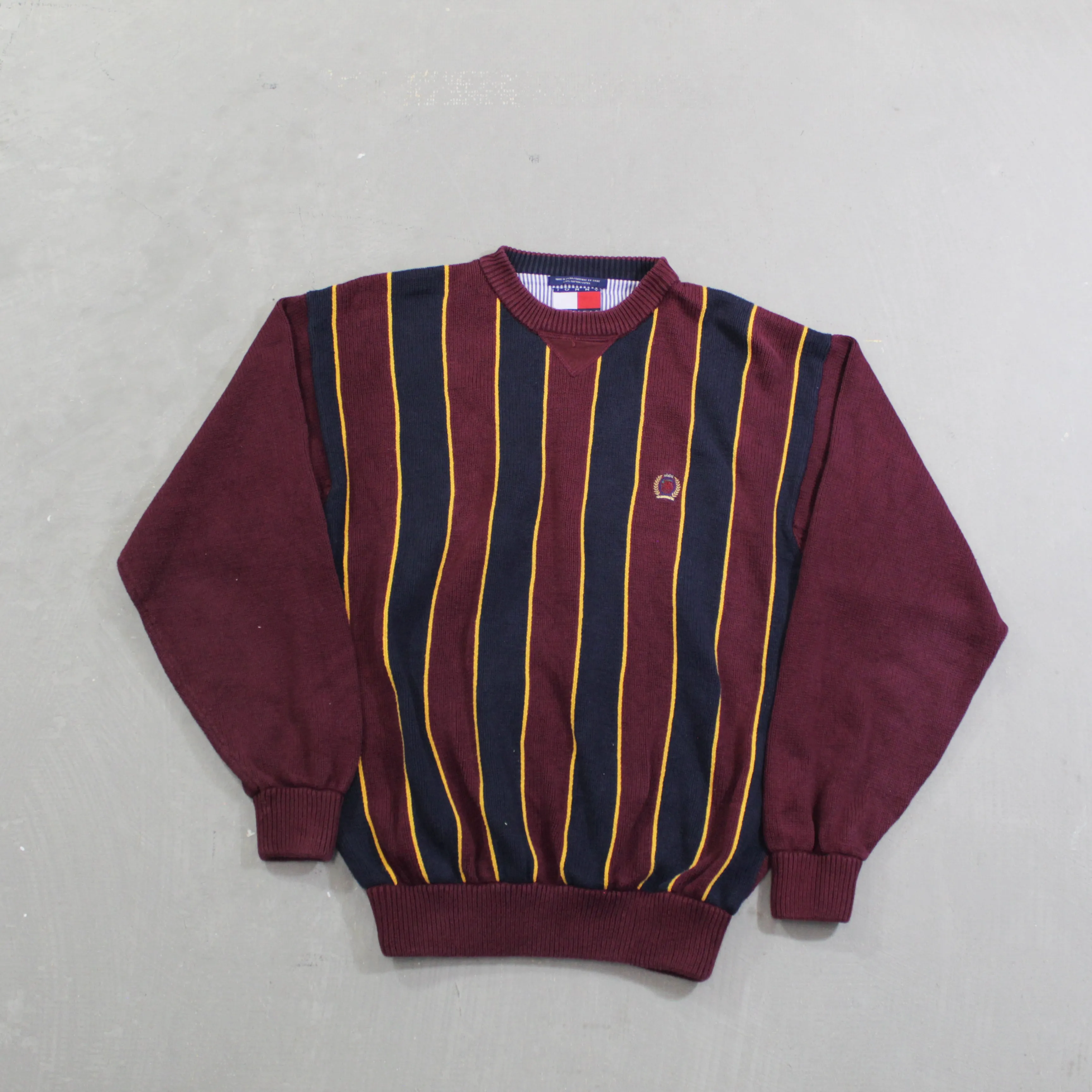 D- Vintage Tommy Hilfiger Embroidered Crest Striped Pattern Knit Sweater sold by HG Vintage