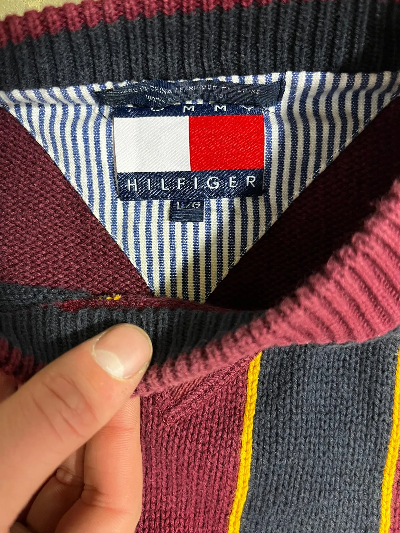 D- Vintage Tommy Hilfiger Embroidered Crest Striped Pattern Knit Sweater sold by HG Vintage product image thumbnail 4
