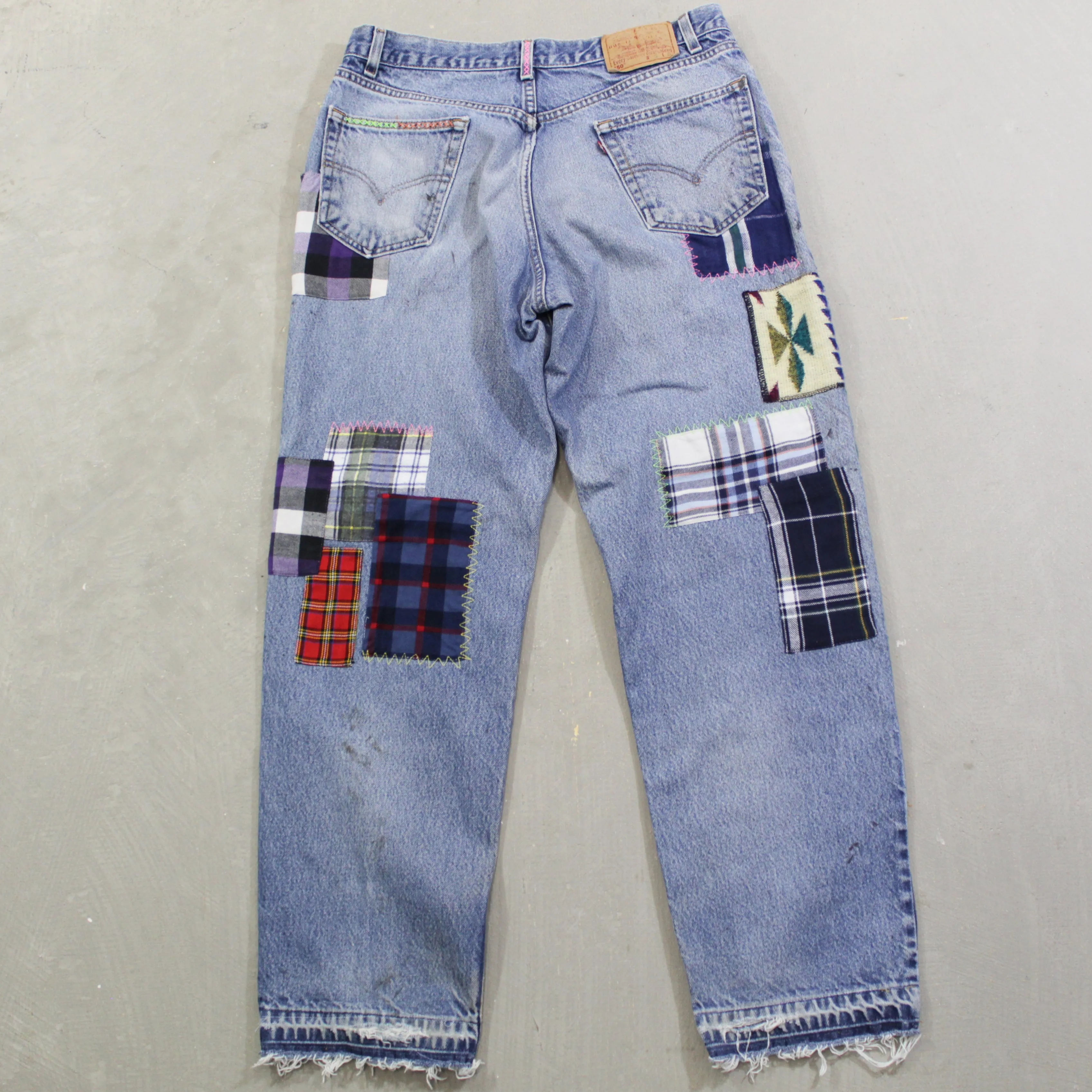 D- HOM Plaid Patches Reworked Levi's 550 38x30 Jeans sold by HG Vintage product image thumbnail 2