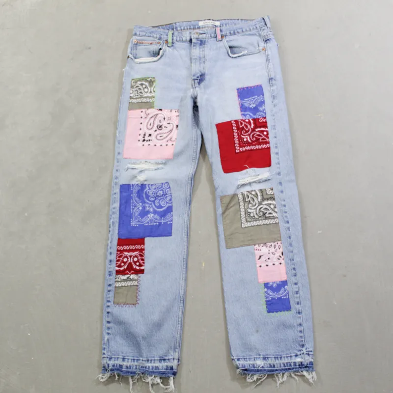 D- HOM Bandana Patches Reworked Levi's 569 33x32 Jeans sold by HG Vintage