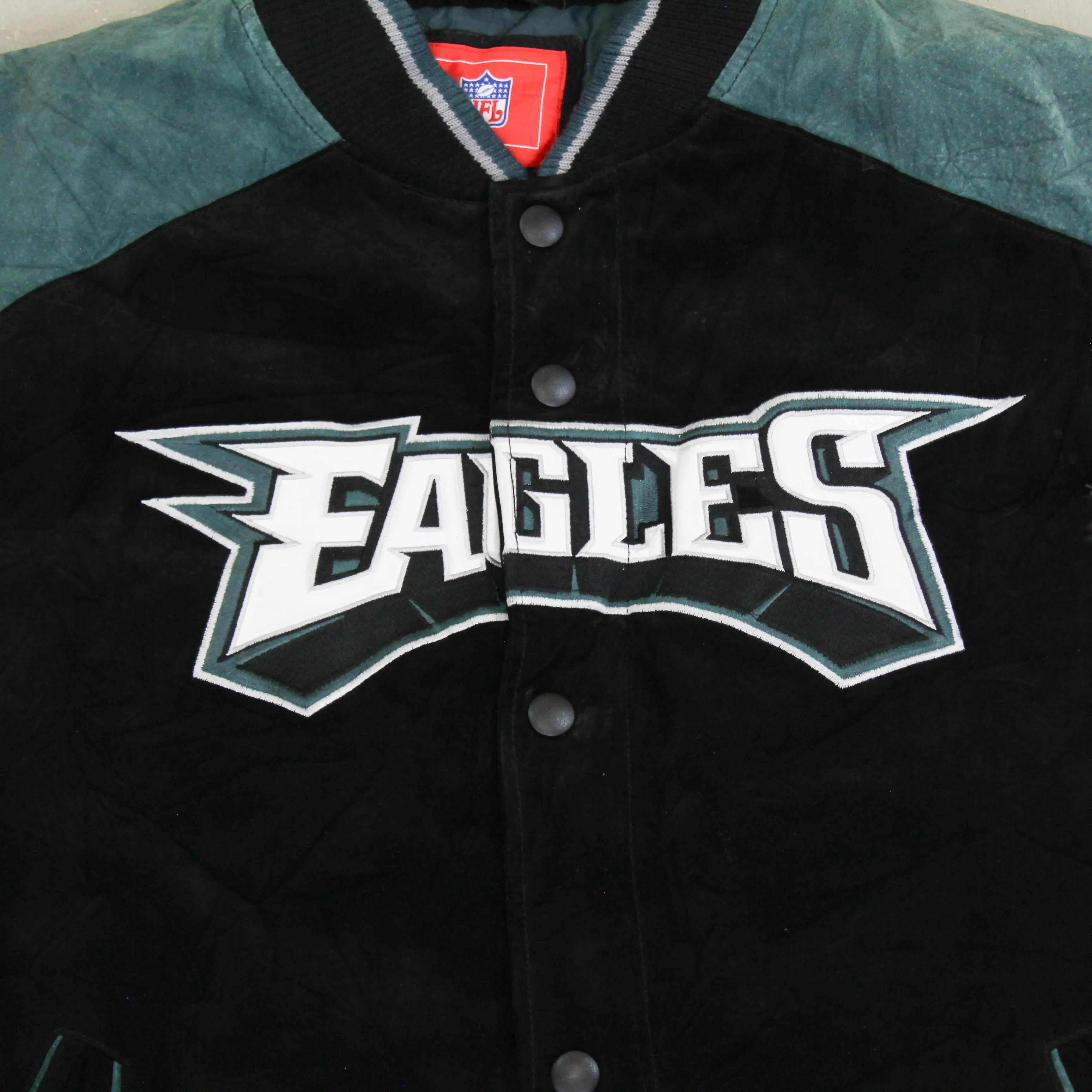 D- Vintage Philadelphia Eagles NFL Embroidered Text Suede Bomber sold by HG Vintage product image thumbnail 2