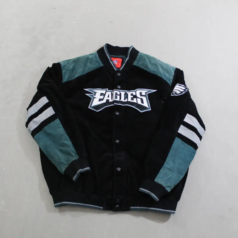 D- Vintage Philadelphia Eagles NFL Embroidered Text Suede Bomber sold by HG Vintage