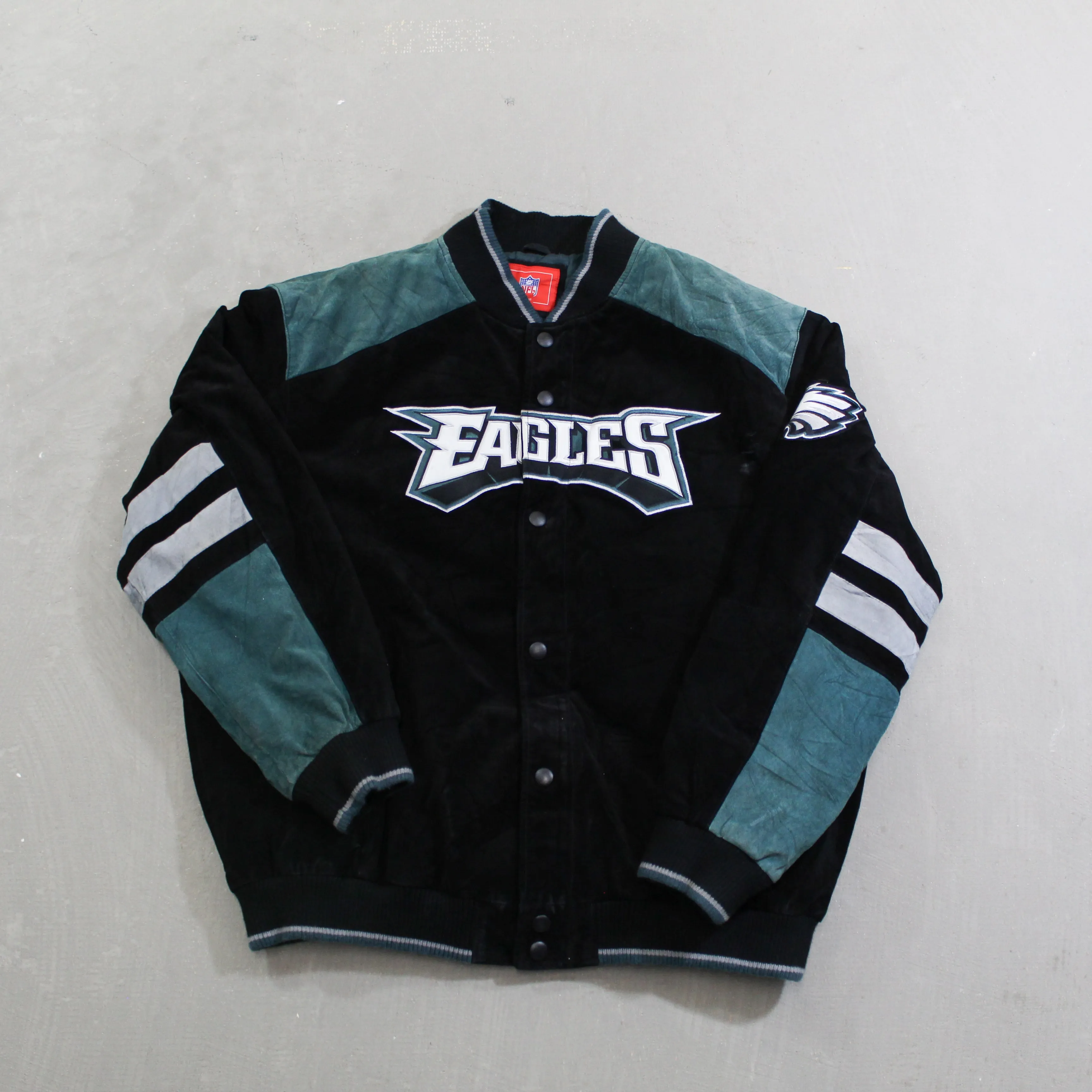 D- Vintage Philadelphia Eagles NFL Embroidered Text Suede Bomber sold by HG Vintage