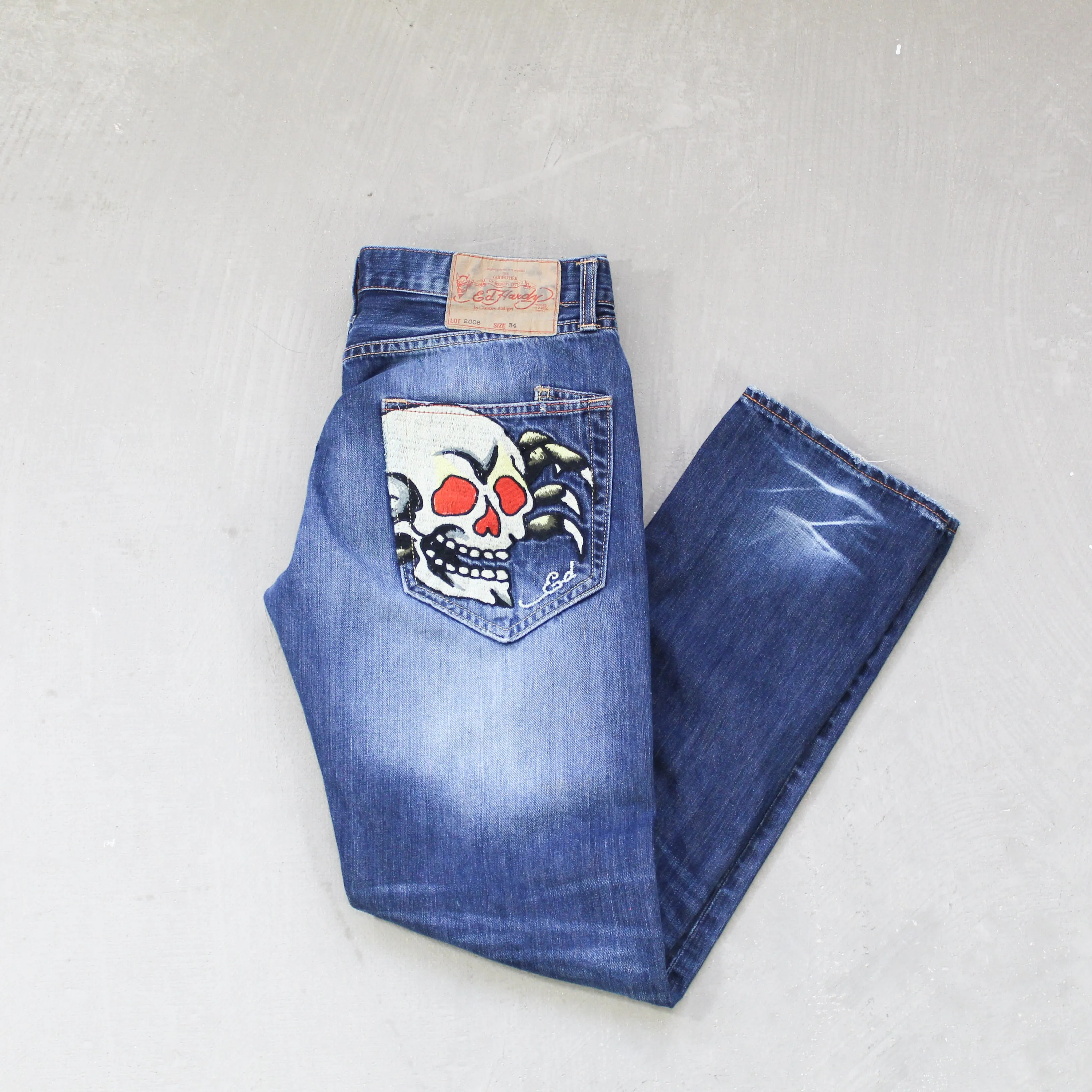D- Vintage Ed Hardy Embroidered Skeleton/Spider back Pocket Jeans 34w sold by HG Vintage