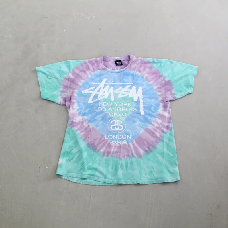 D- Vintage Stussy Cities Text Tie Dye Tee sold by HG Vintage