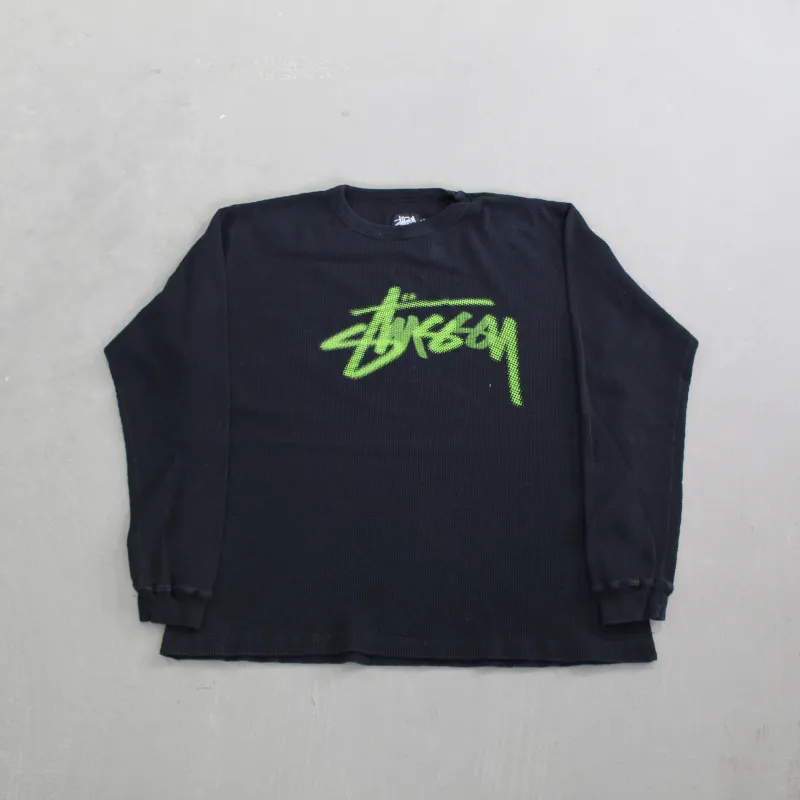D- Vintage Stussy Neon Green Text Waffle Long Sleeve Tee sold by HG Vintage