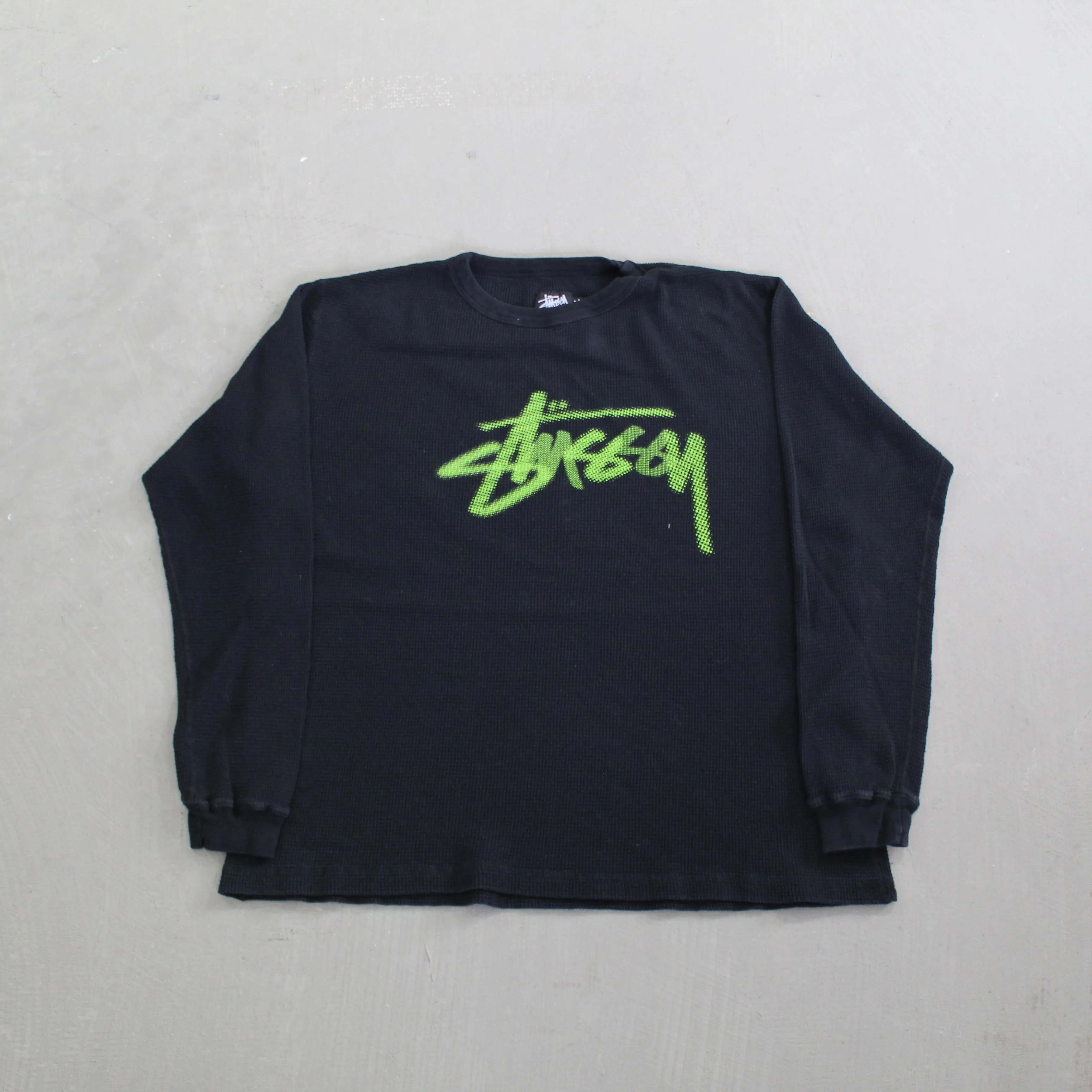 D- Vintage Stussy Neon Green Text Waffle Long Sleeve Tee sold by HG Vintage