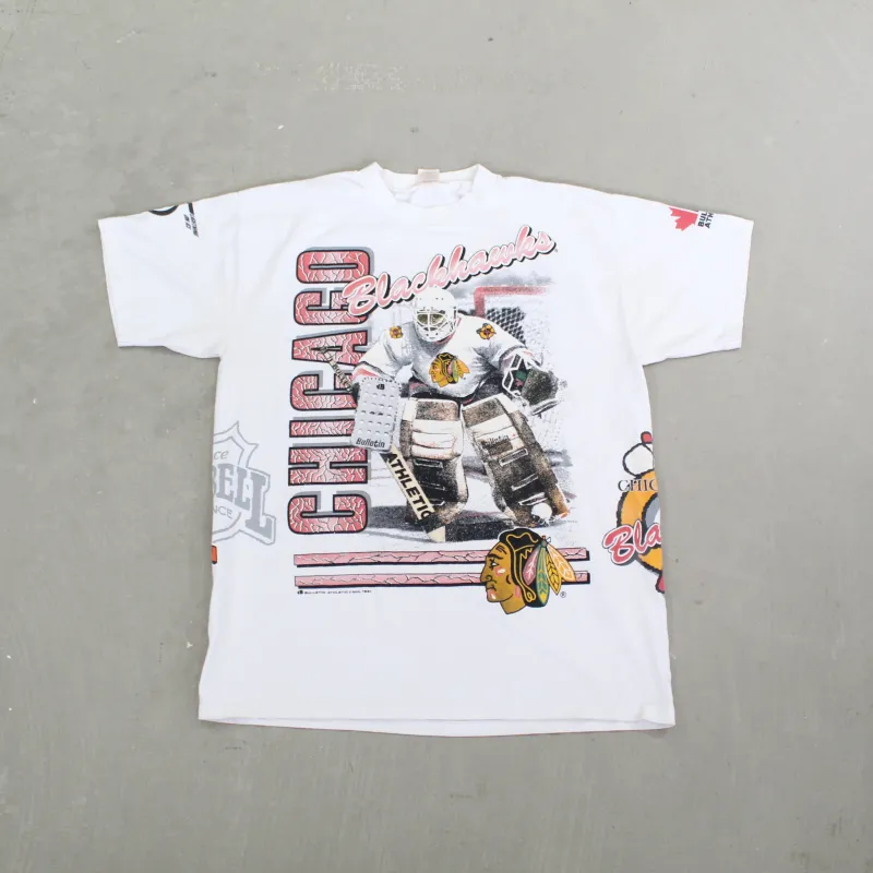 D- Vintage 1991 Chicago Blackhawks NHL Bulletin Jumbo Print Single Stitch Tee sold by HG Vintage