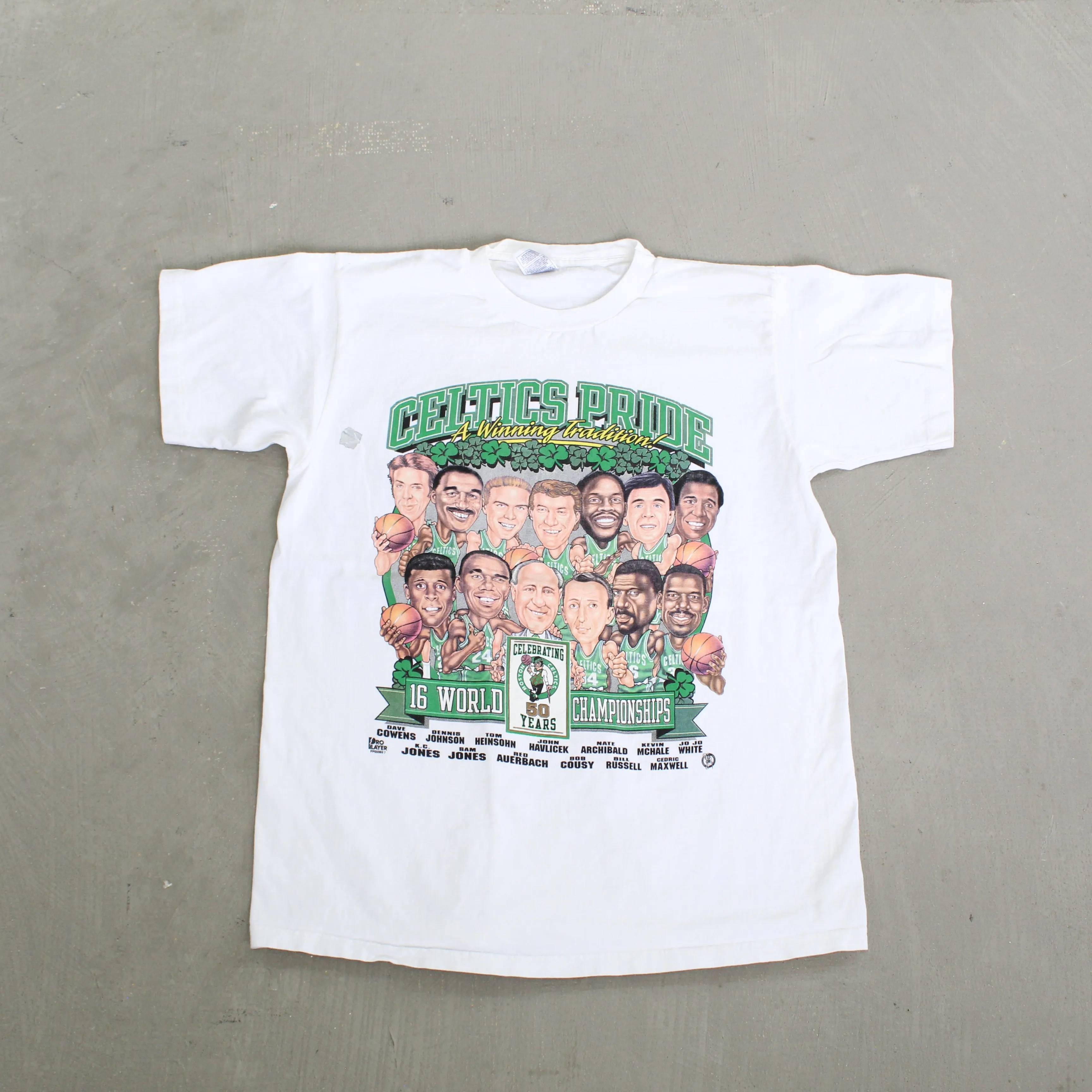 F- Vintage Boston Celtics 50 Years 16 Championship NBA Cartoon Single Stich Tee sold by HG Vintage