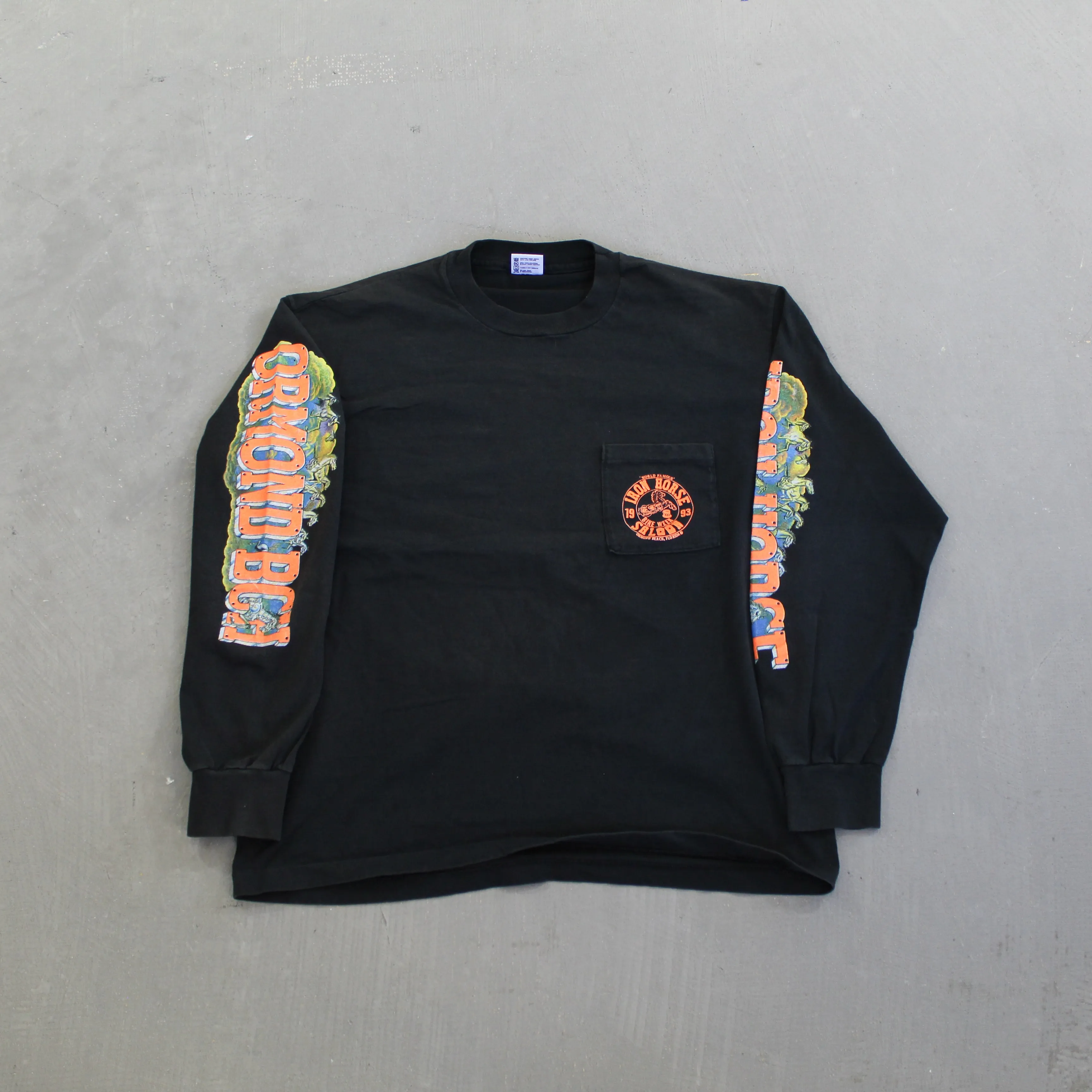 F- Vintage 1993 Iron Horse Saloon Ormond Beach Bike Week Single Stitch Pocket Long Sleeve Tee sold by HG Vintage