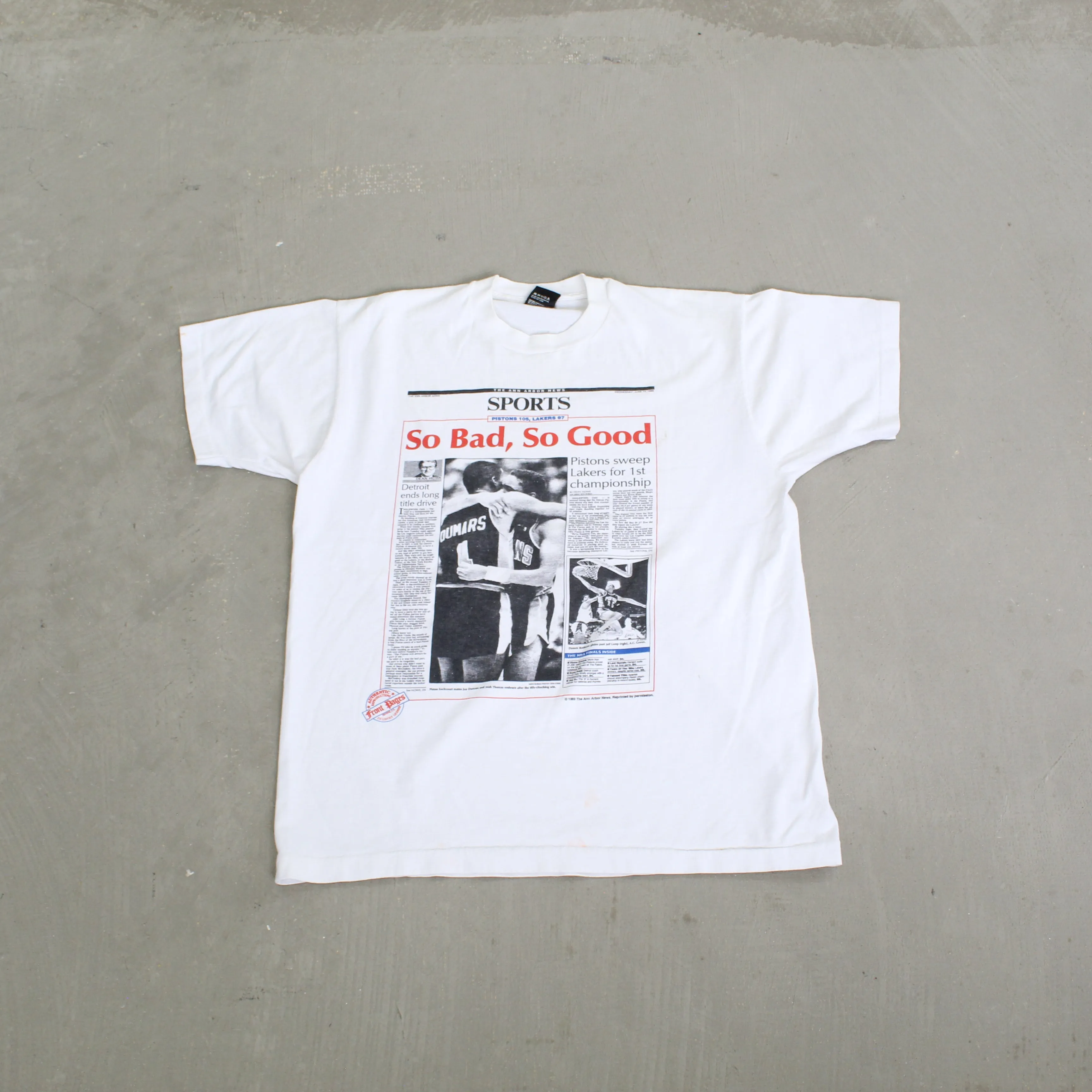 F- Vintage 1989 Detroit Pistons NBA First Championship Journal Article Picture Single Stitch Tee sold by HG Vintage