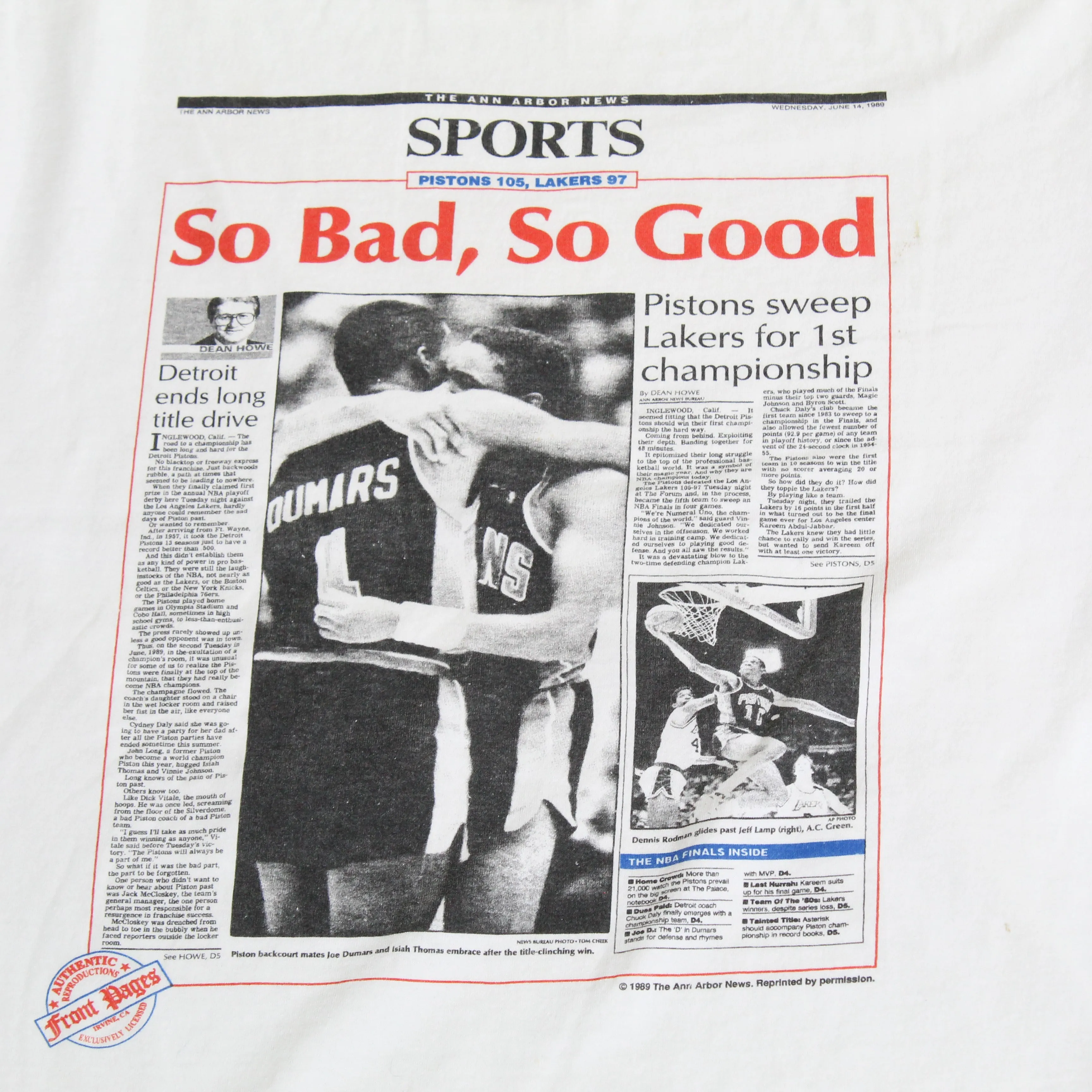 F- Vintage 1989 Detroit Pistons NBA First Championship Journal Article Picture Single Stitch Tee sold by HG Vintage product image thumbnail 2