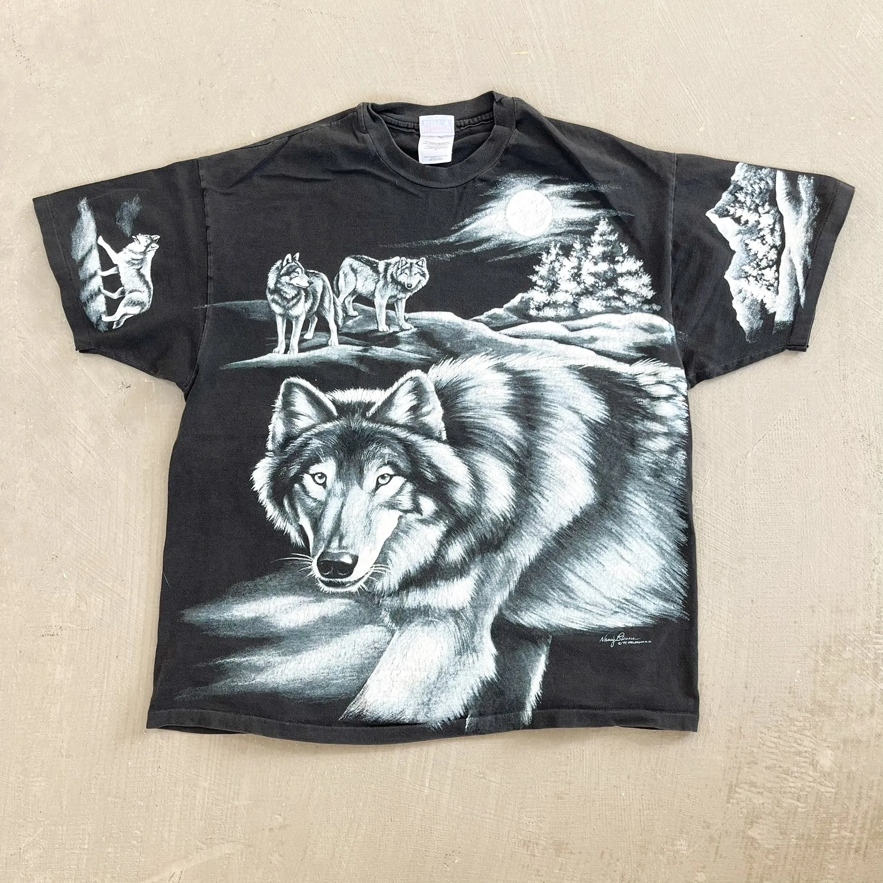 F- Vintage '94 Wolves & Moon All Over Print Single Stitch Hanes Beefy Tee sold by HG Vintage
