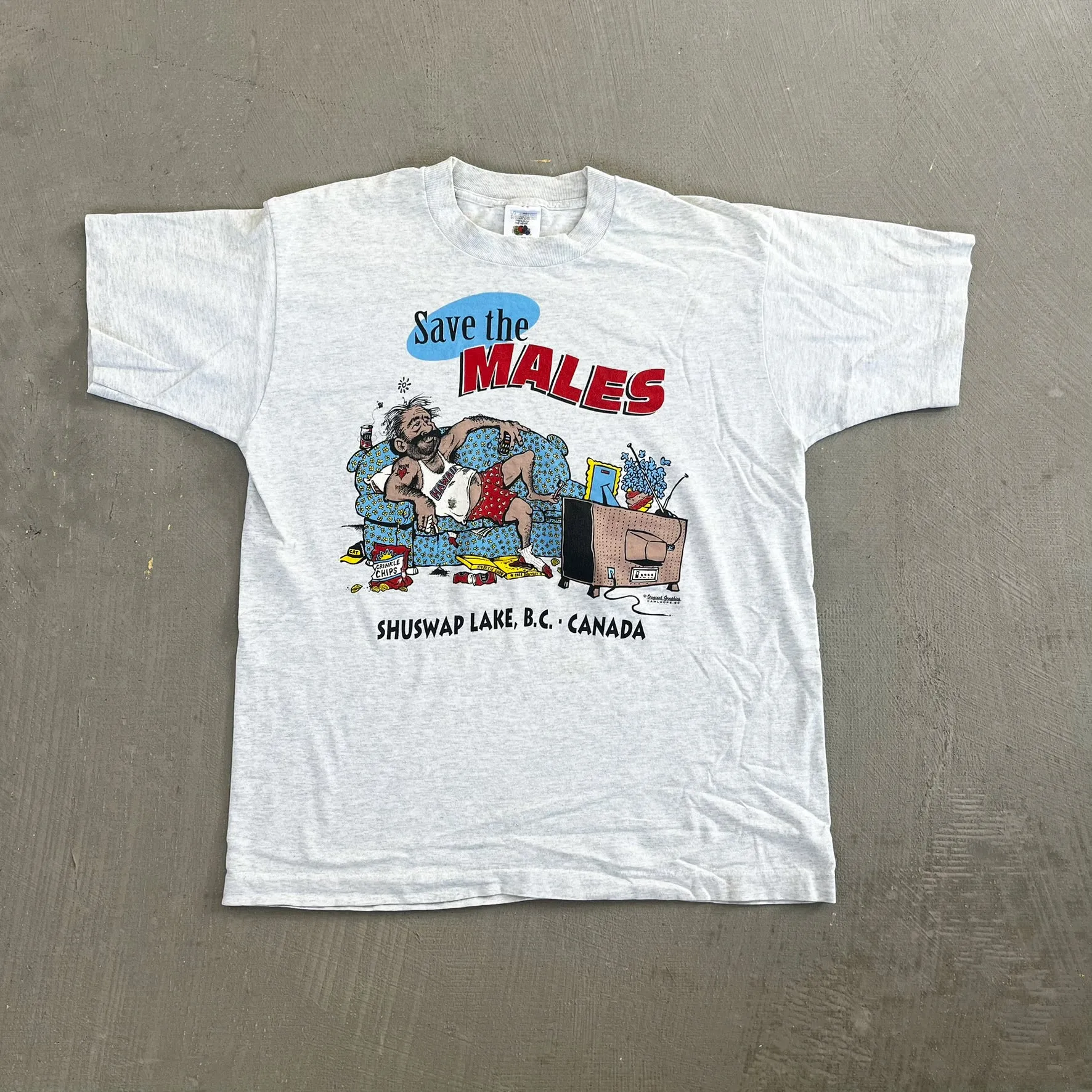 F- Vintage Shuswap Lake BC Save The Males Graphic Single Stitch Tee sold by HG Vintage