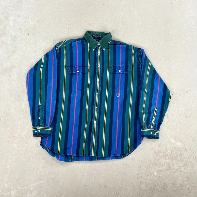 F- Vintage Tommy Hilfiger Navy/Green Striped Button Down Shirt sold by HG Vintage