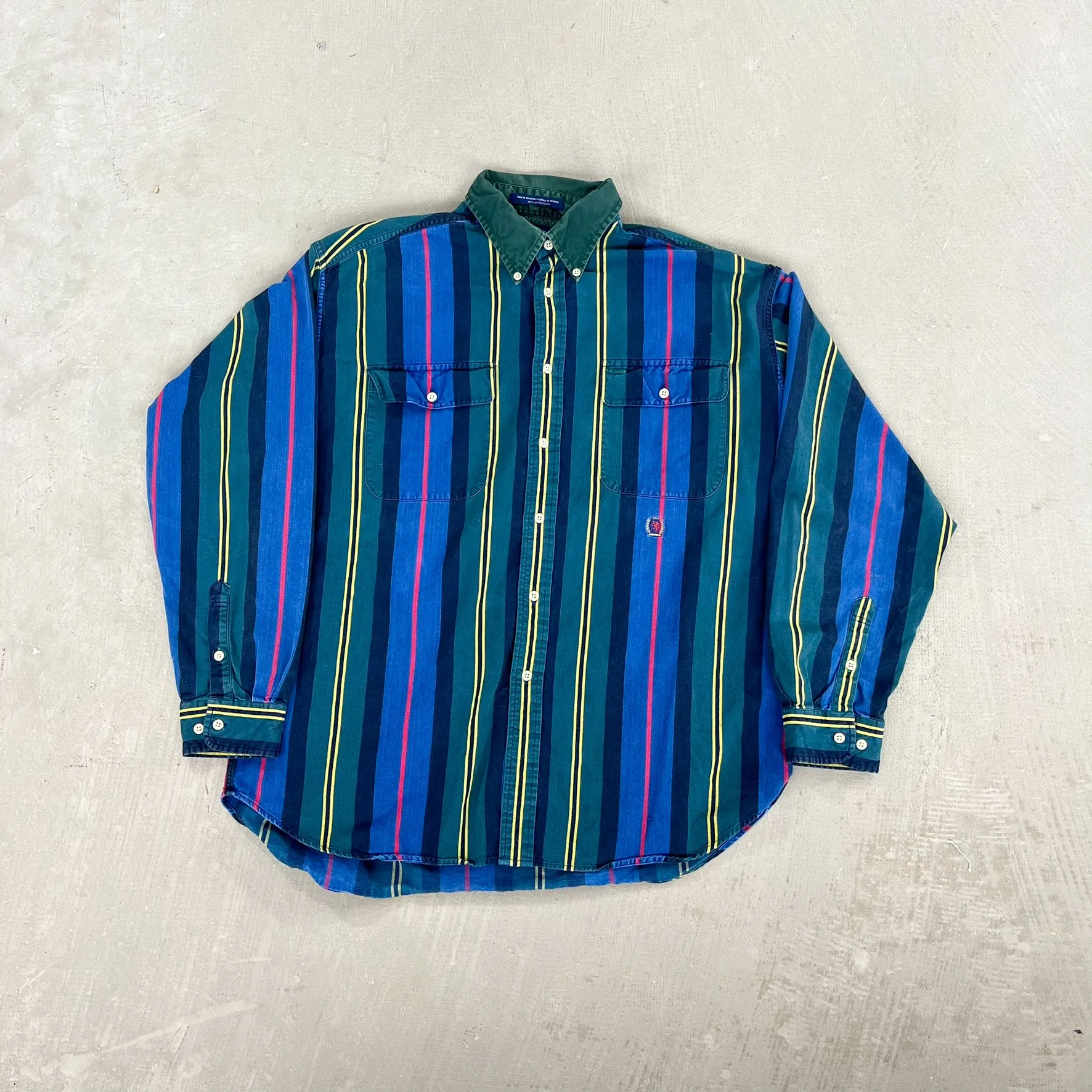 F- Vintage Tommy Hilfiger Navy/Green Striped Button Down Shirt sold by HG Vintage