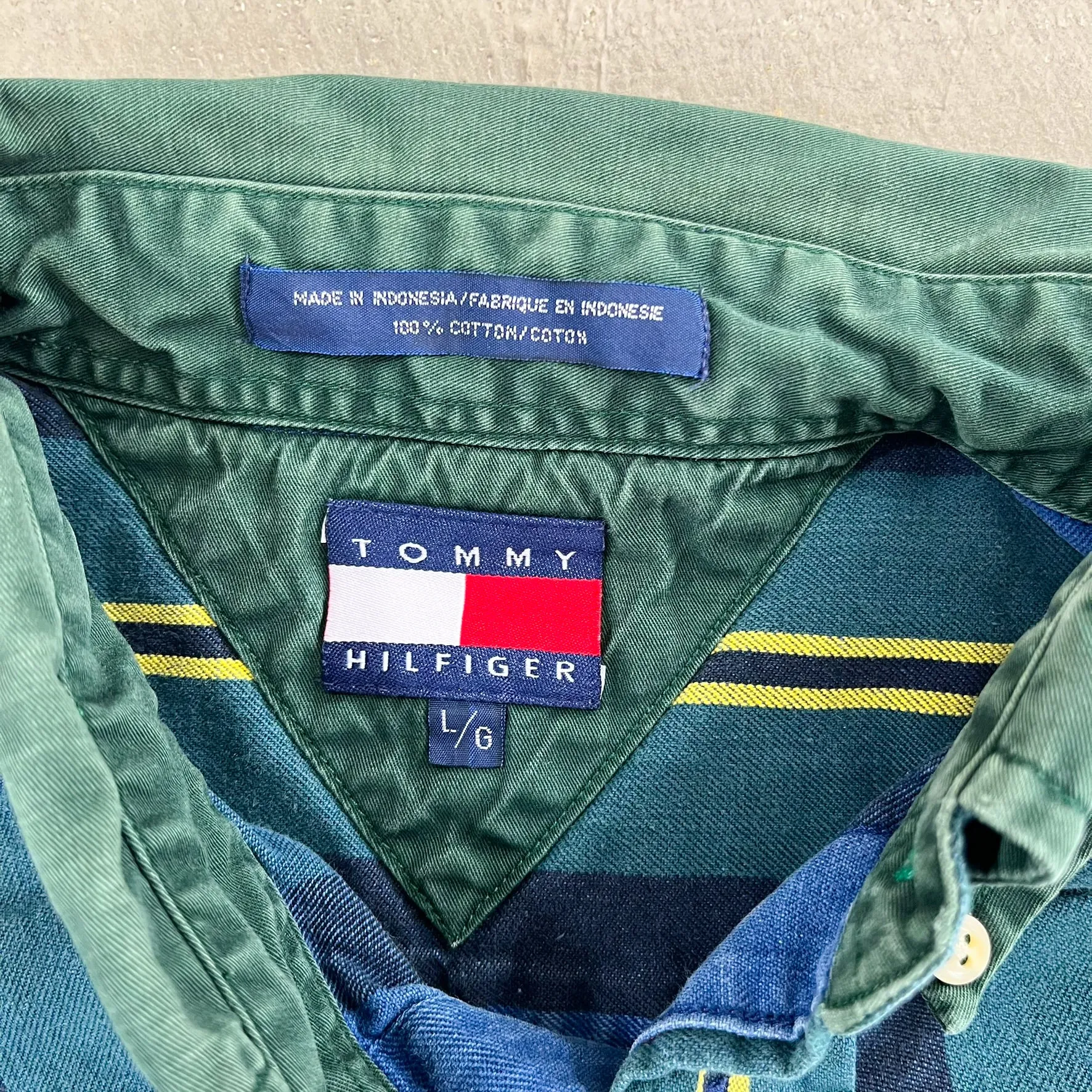 F- Vintage Tommy Hilfiger Navy/Green Striped Button Down Shirt sold by HG Vintage product image thumbnail 2